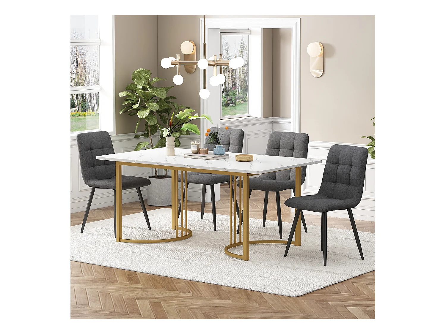 Set da pranzo da 5 pezzi: tavolo da 140×80 cm con gambe in metallo dorato e piano in MDF bianco + 4 sedie moderne in tessuto di lino grigio scuro