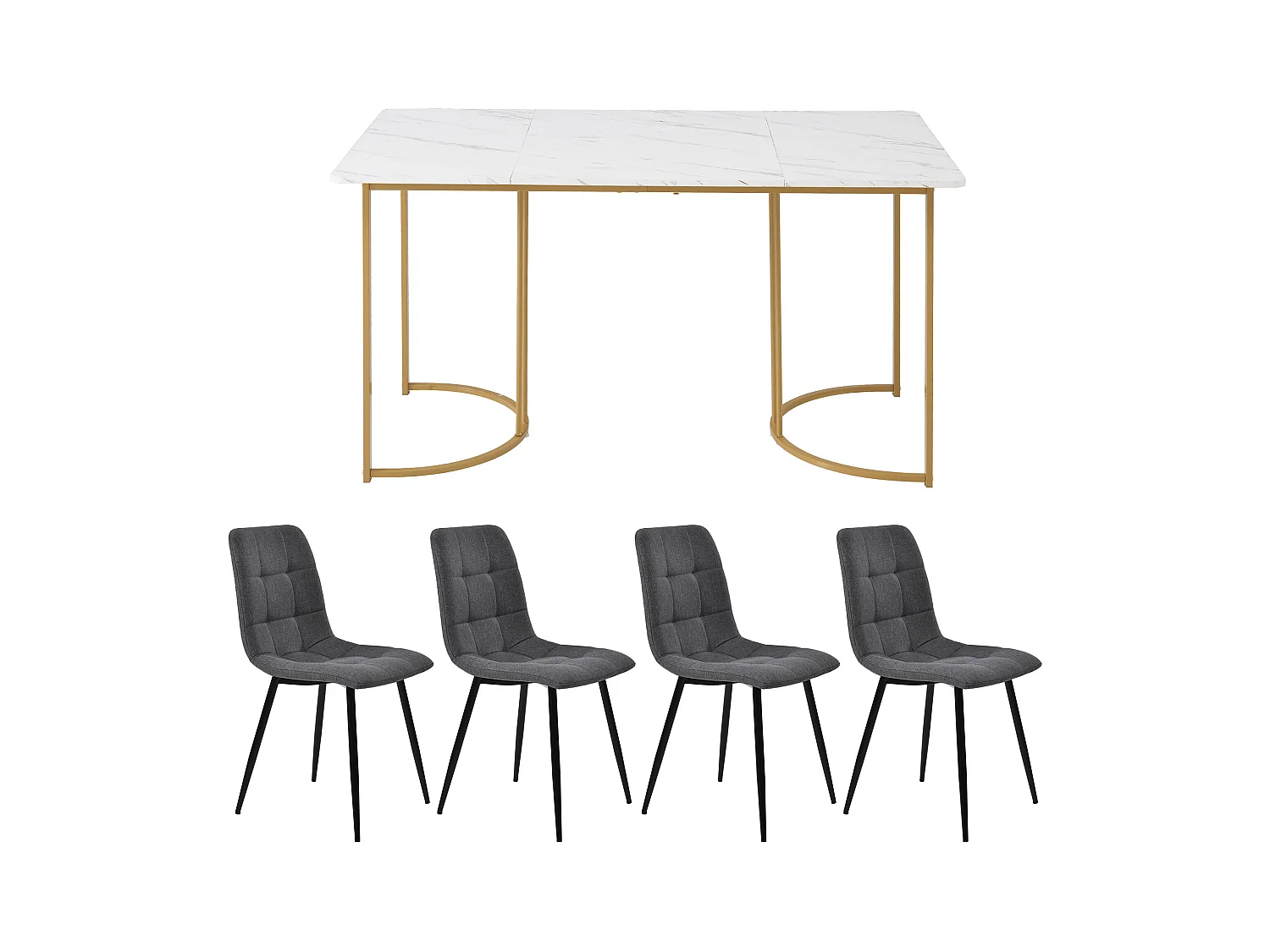 Set da pranzo da 5 pezzi: tavolo da 140×80 cm con gambe in metallo dorato e piano in MDF bianco + 4 sedie moderne in tessuto di lino grigio scuro