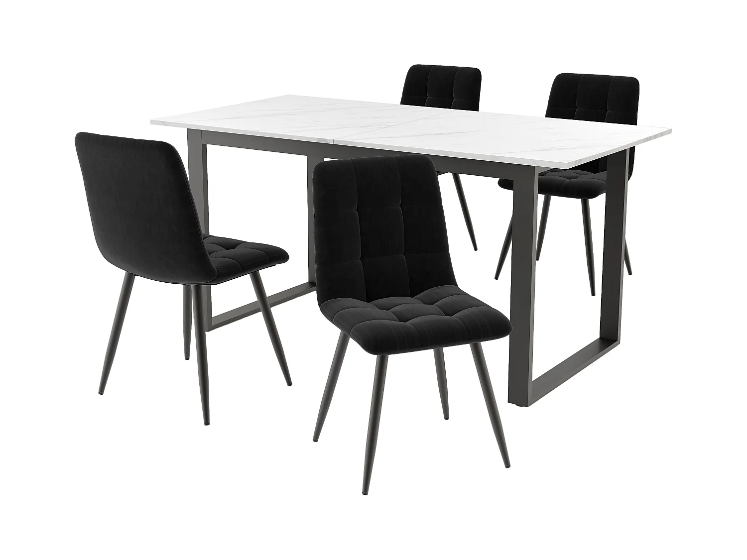 Ensemble Salle à Manger Moderne – Table Extensible 140/180×80×75 cm en MDF Blanc avec Pieds Noirs + 4 Chaises en Velours Noir