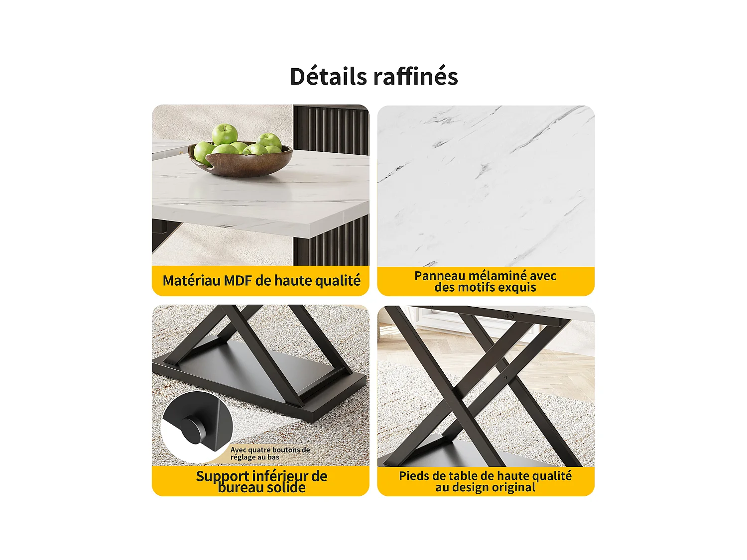 Ensemble Salle à Manger 5 Pièces – Table Extensible 160×80×75 cm en Marbre Blanc avec 4 Chaises en Velours Noir, Design Moderne pour 4 Personnes