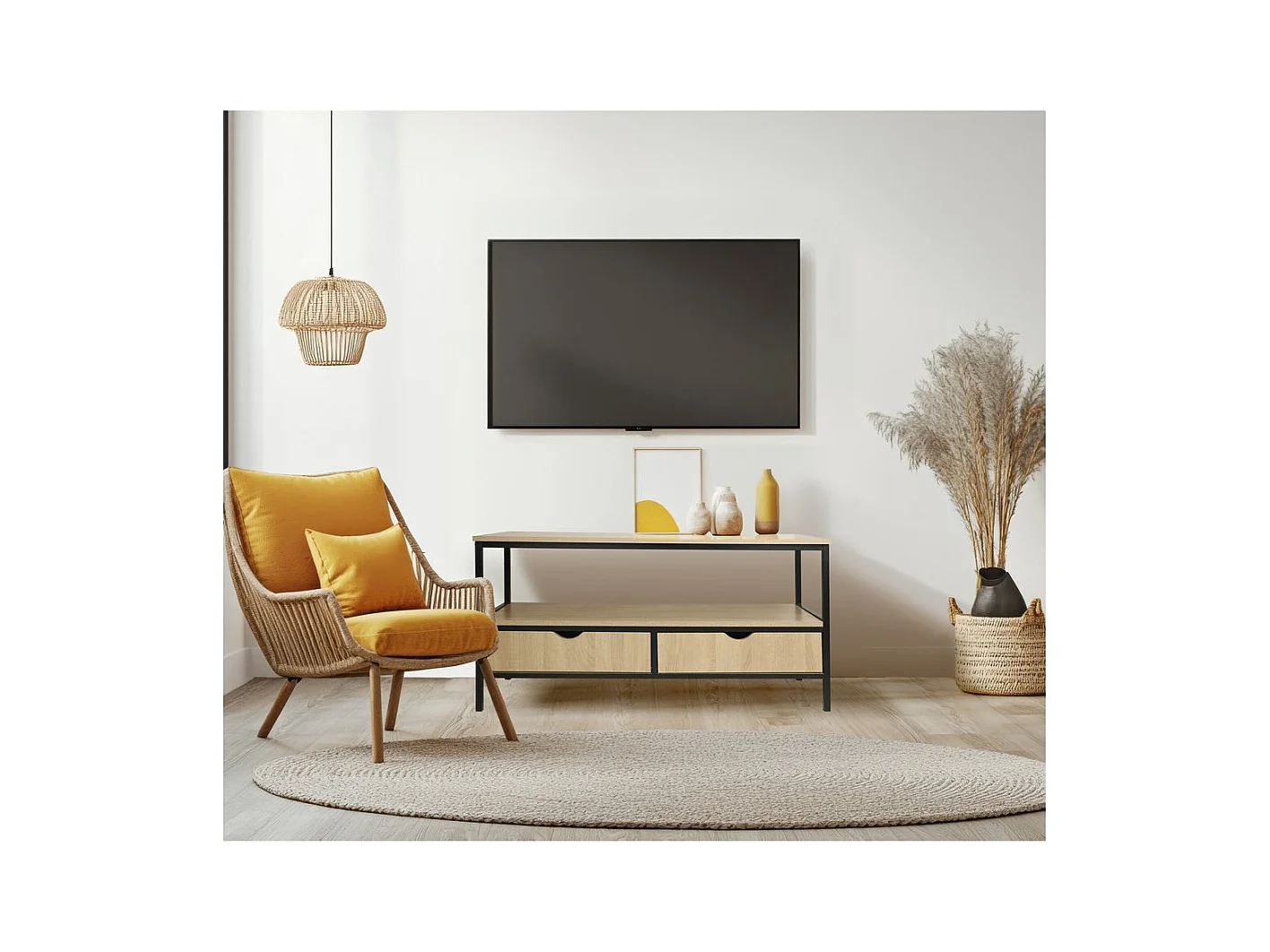 Meuble TV avec tiroir style industriel "Detroit" - 113 x 40 x 55 cm - Beige