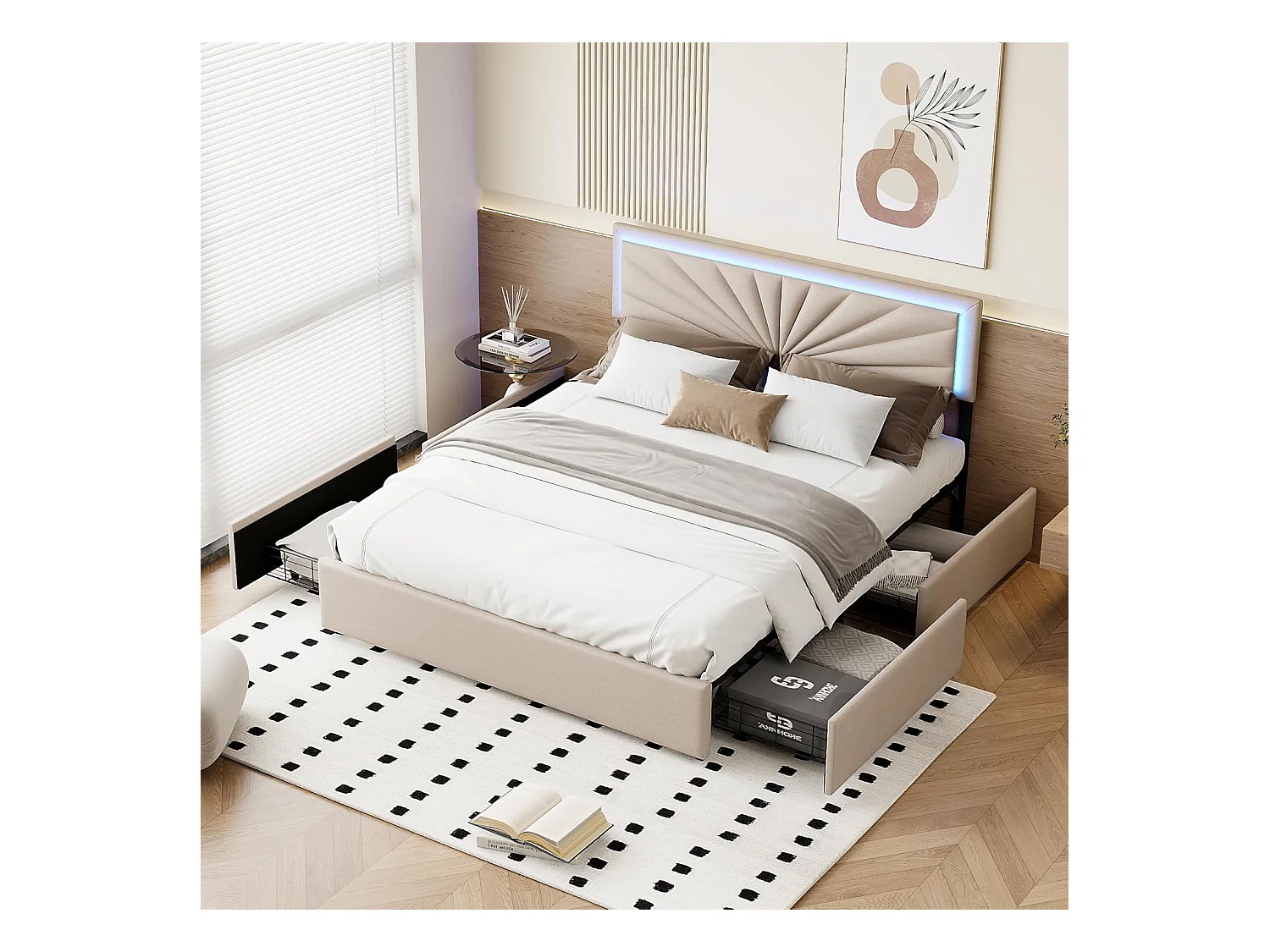 Cama doble 140x200cm tapizada con base, 4 cajones, cabecero con iluminación LED, color beige