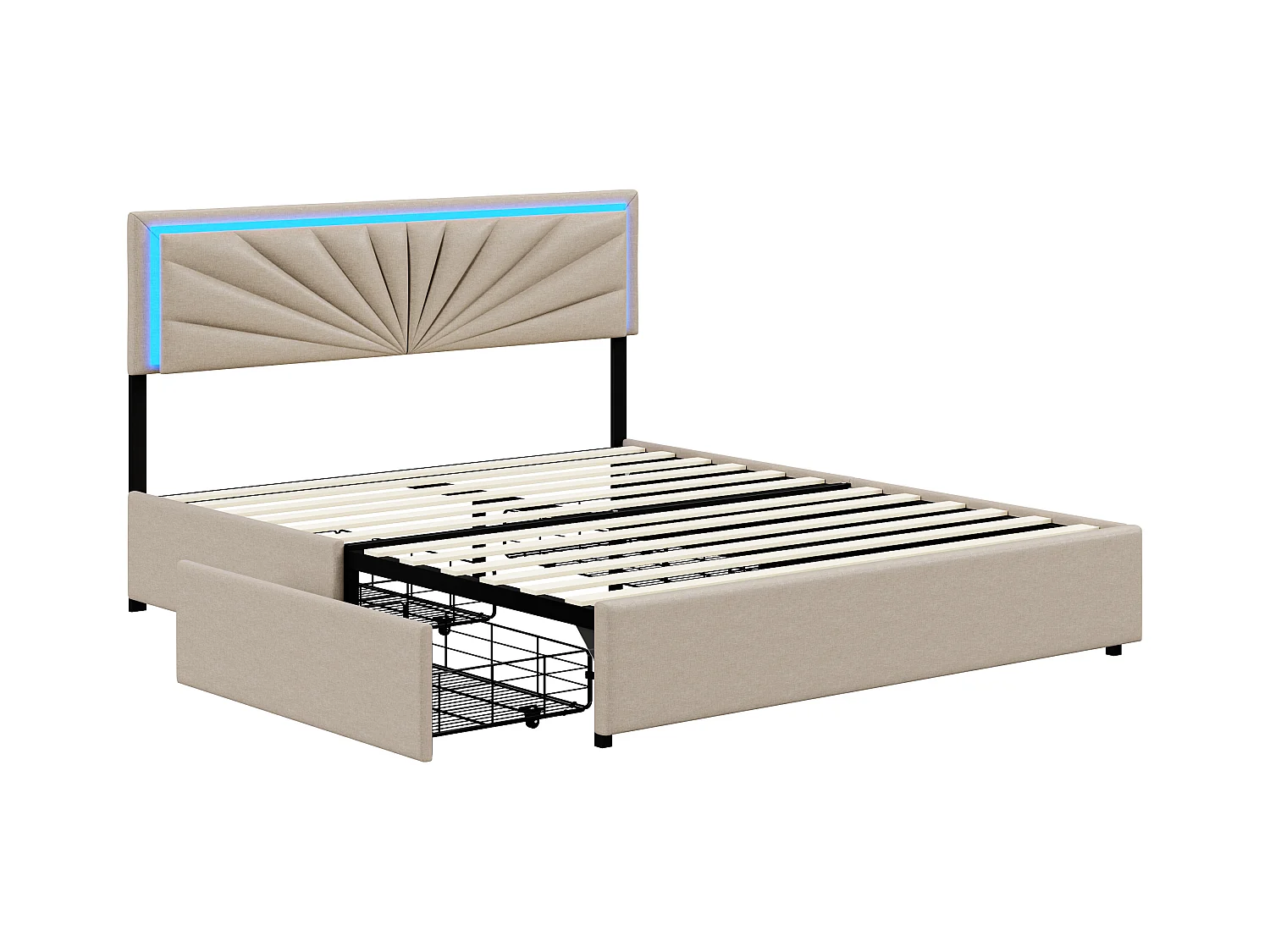 Cama doble 140x200cm tapizada con base, 4 cajones, cabecero con iluminación LED, color beige