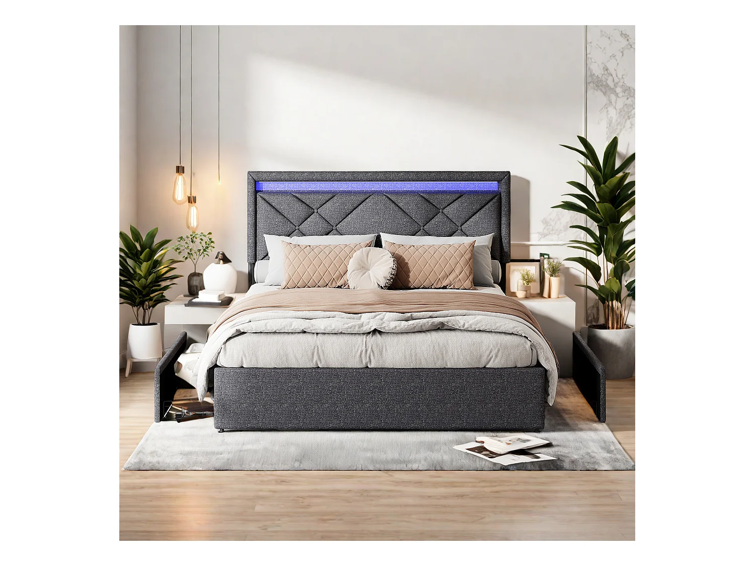 Cama de casal estofada, 160 x 200 cm, com LED e USB, espaço de arrumação com gavetas, roupa de cama, cinza