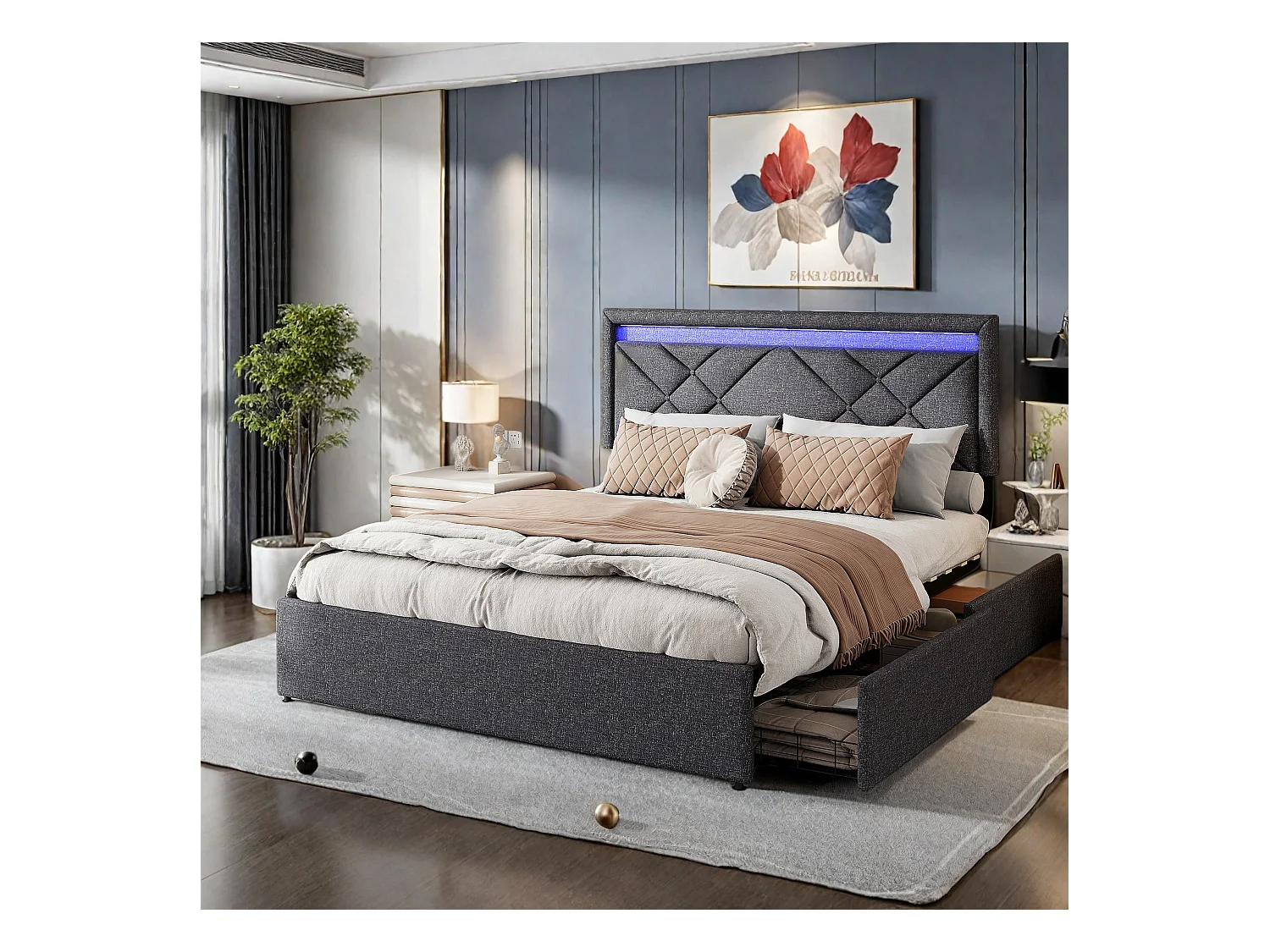 Cama doble tapizada, 160 x 200 cm, con LED y USB, espacio de almacenamiento con cajones, lino, gris