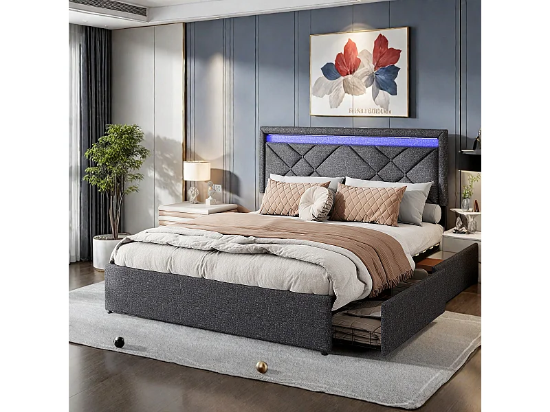 Lit double rembourré, 160 x 200 cm, avec LED et USB, espace de rangement avec tiroirs, lin, gris