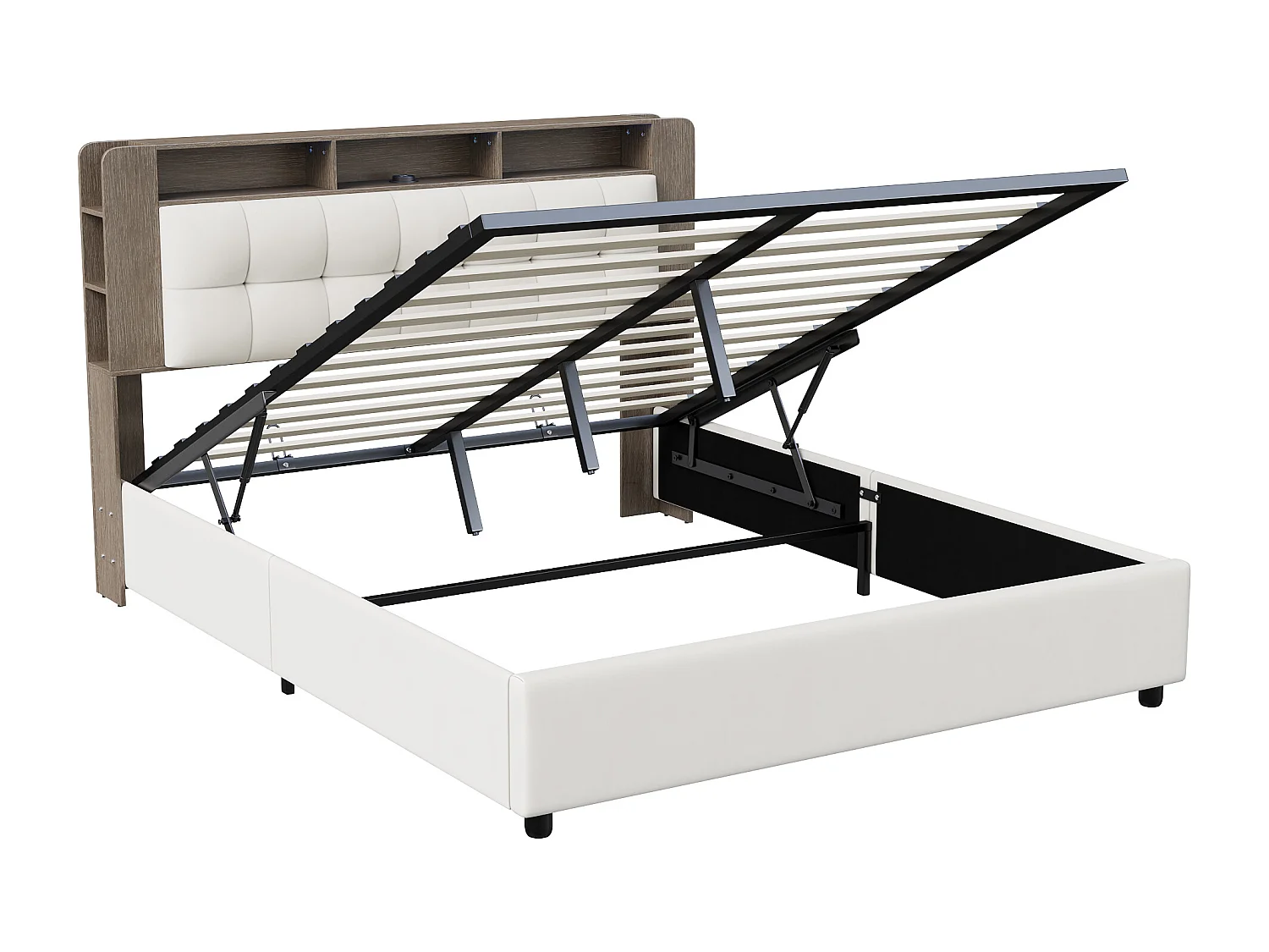 Letto contenitore 160x200 con LED e funzione di ricarica wireless, con contenitore, velluto, Bianco