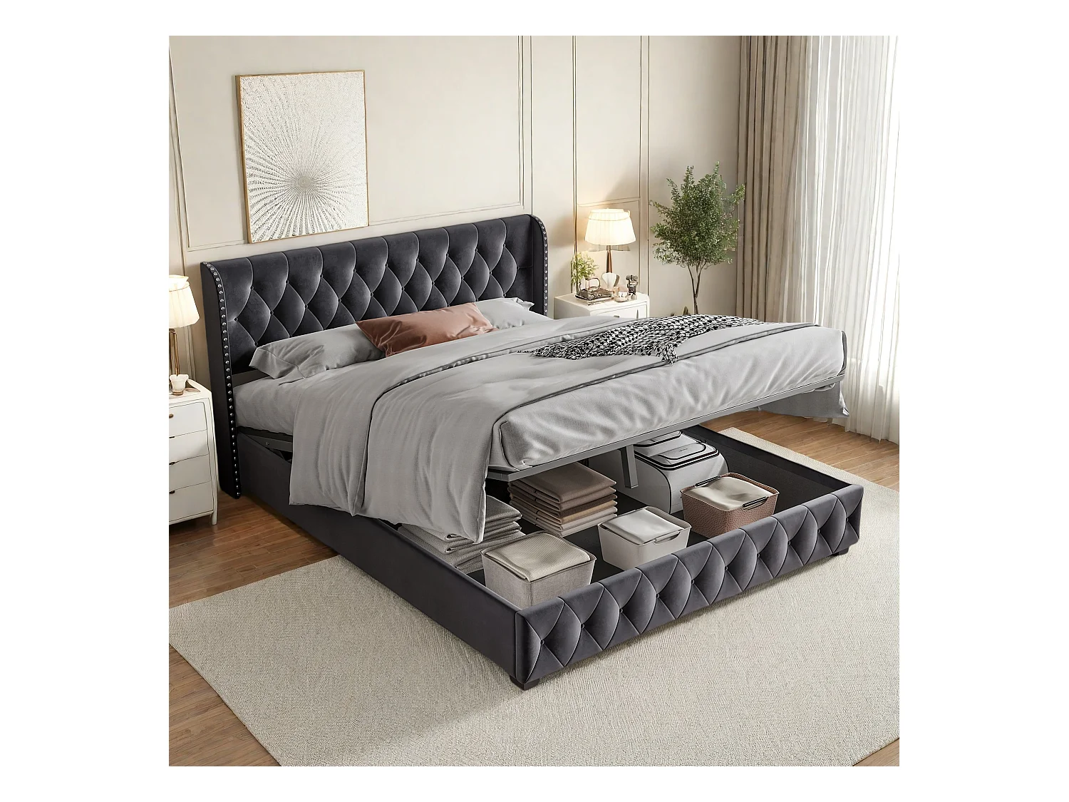 Lit Double Rembourré 180x200 cm, Lit Coffre avec Sommier à Lattes et Tête de Lit, Velours, Gris