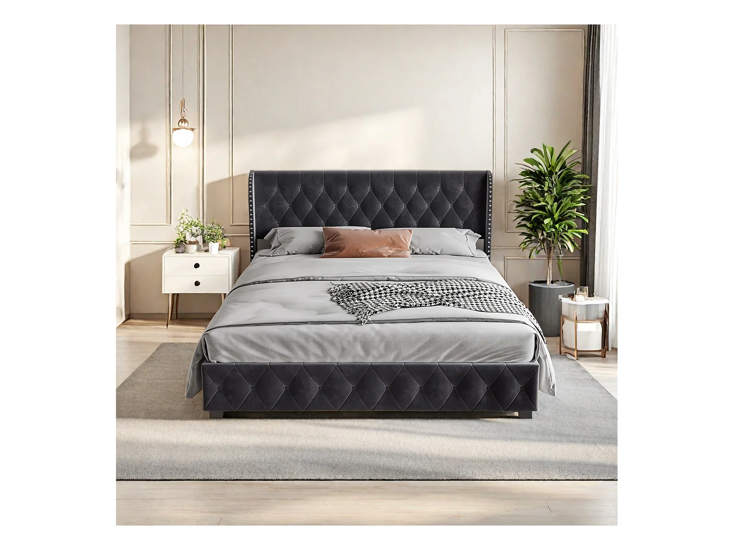 Cama de casal estofada 180x200 cm, cama com arrumação, estrado de ripas e cabeceira, veludo, cinza