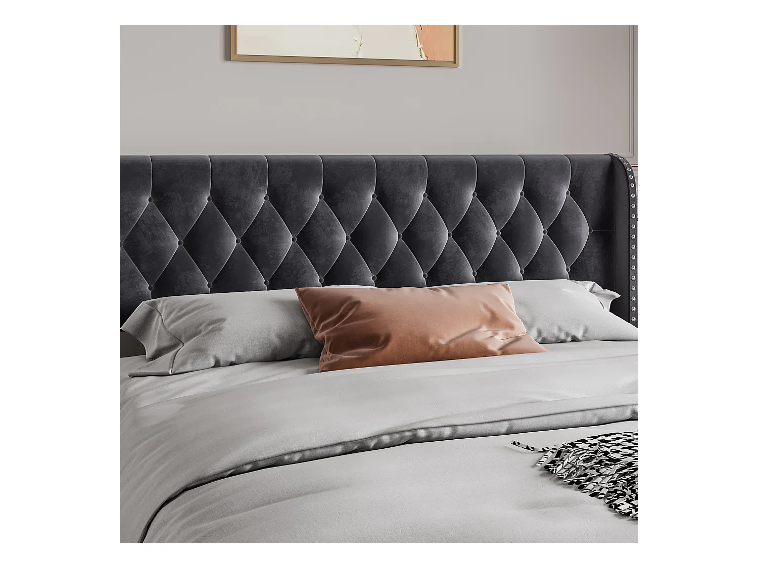 Cama de casal estofada 180x200 cm, cama com arrumação, estrado de ripas e cabeceira, veludo, cinza