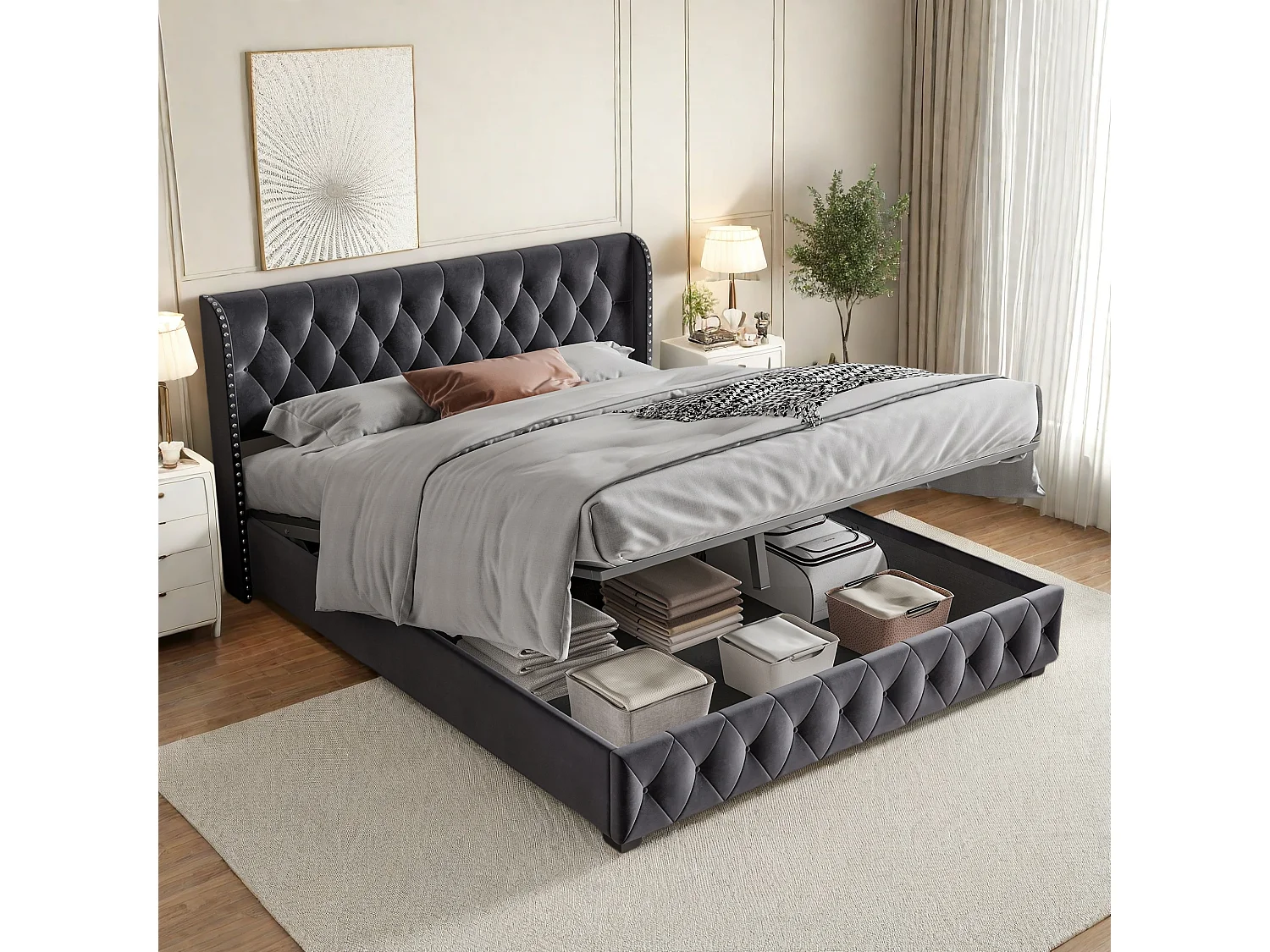 Cama doble tapizada de 180 x 200 cm, con canapé, somier y cabecero, terciopelo gris