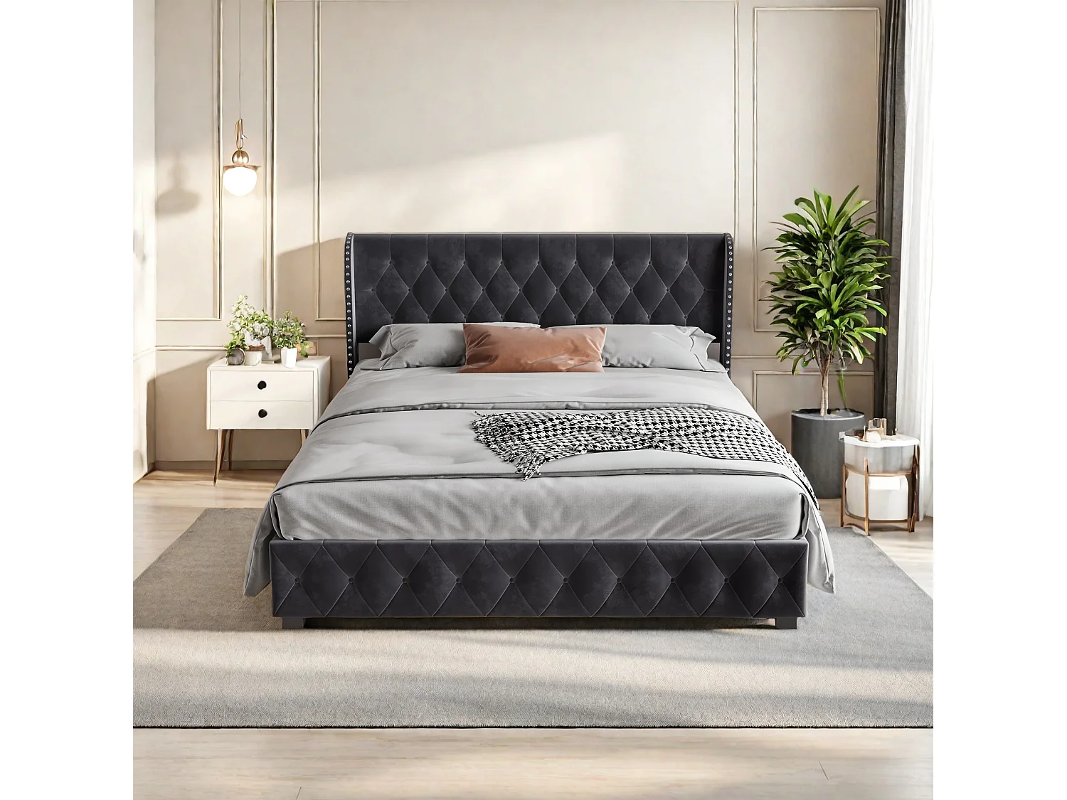 Cama doble tapizada de 180 x 200 cm, con canapé, somier y cabecero, terciopelo gris