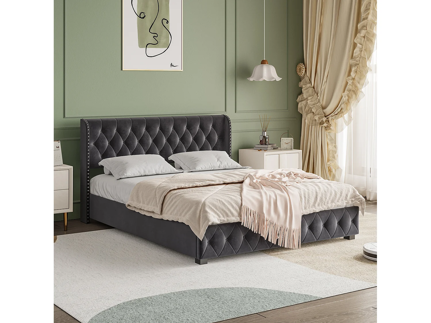 Cama doble tapizada de 180 x 200 cm, con canapé, somier y cabecero, terciopelo gris