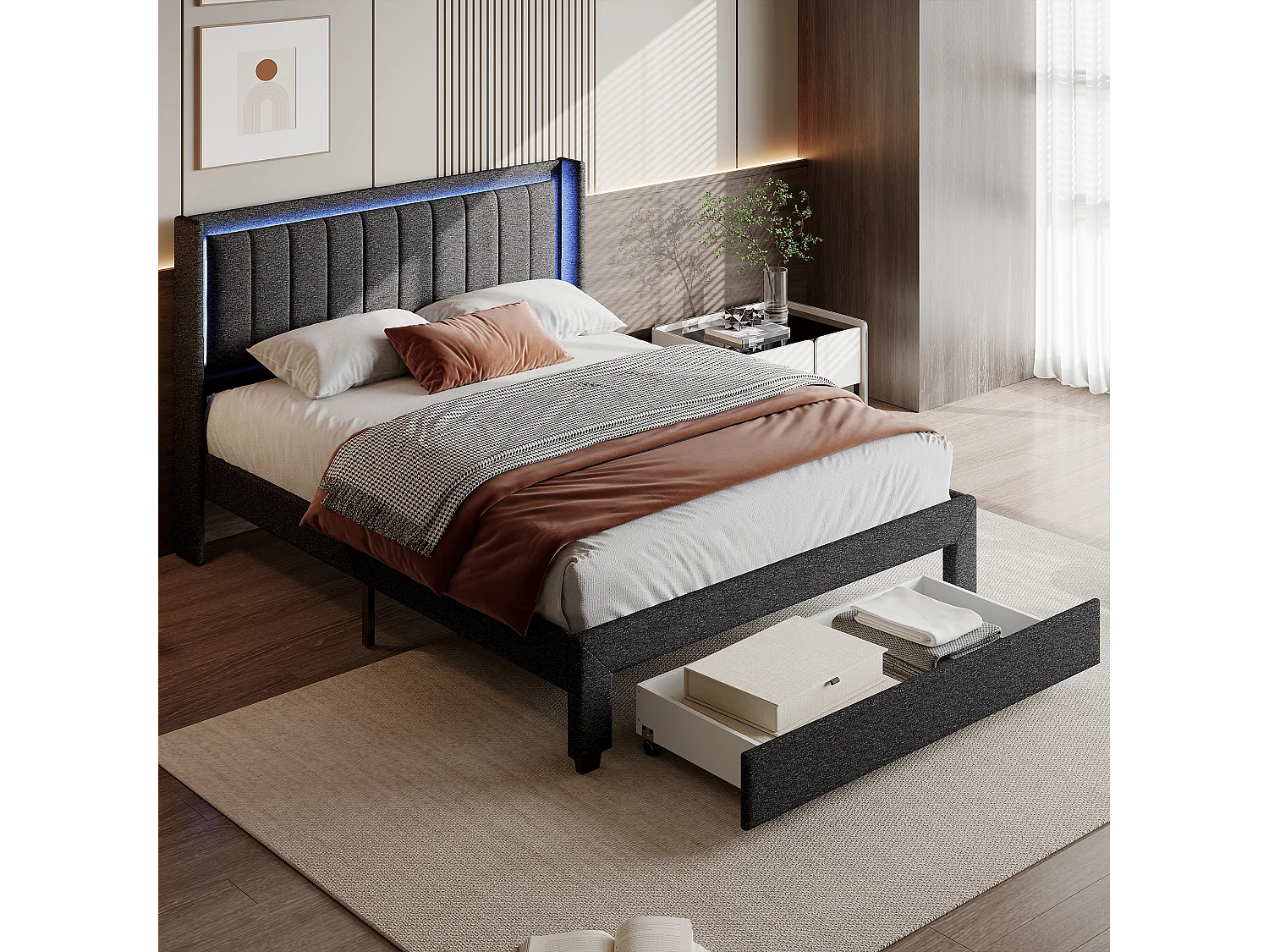 Tweepersoonsbed 160 x 200 cm, gestoffeerd bed met ledverlichting en 2 USB-poorten, opbergruimte, grijs