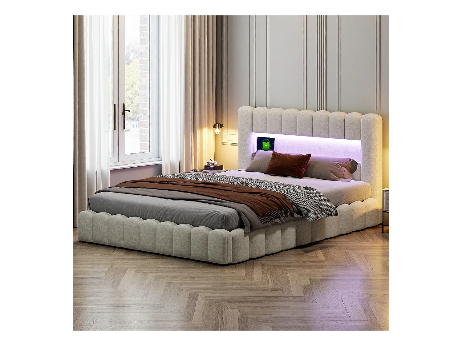 Cama doble tapizada, burbuja, 140 x 200 cm, con LED y USB, canapé abatible, color beige