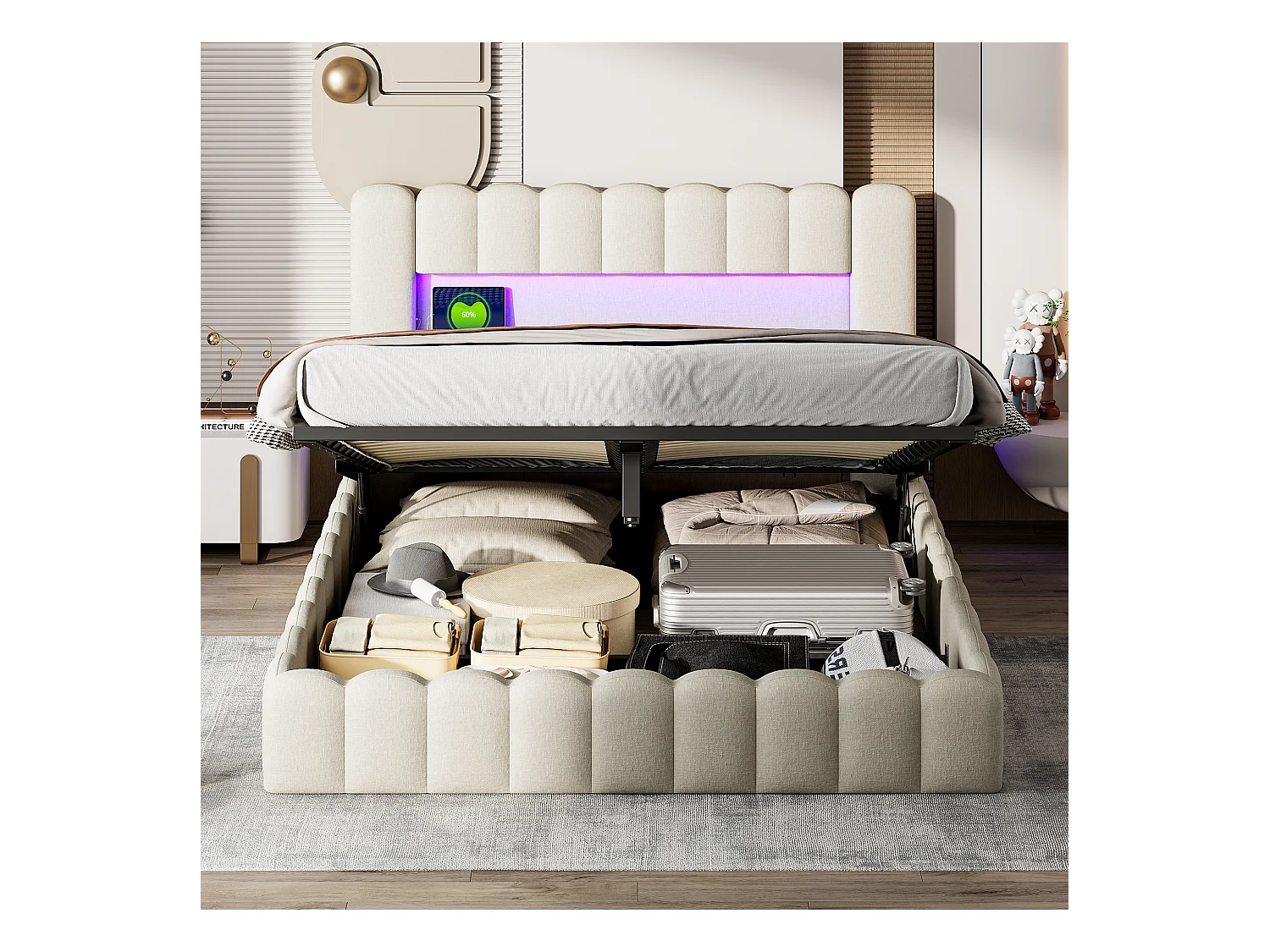 Cama doble tapizada, burbuja, 140 x 200 cm, con LED y USB, canapé abatible, color beige