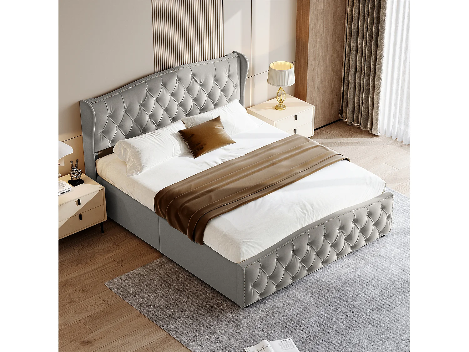 Cama tapizada con almacenaje de 160 x 200 cm, con cabecero Wave Line, color gris