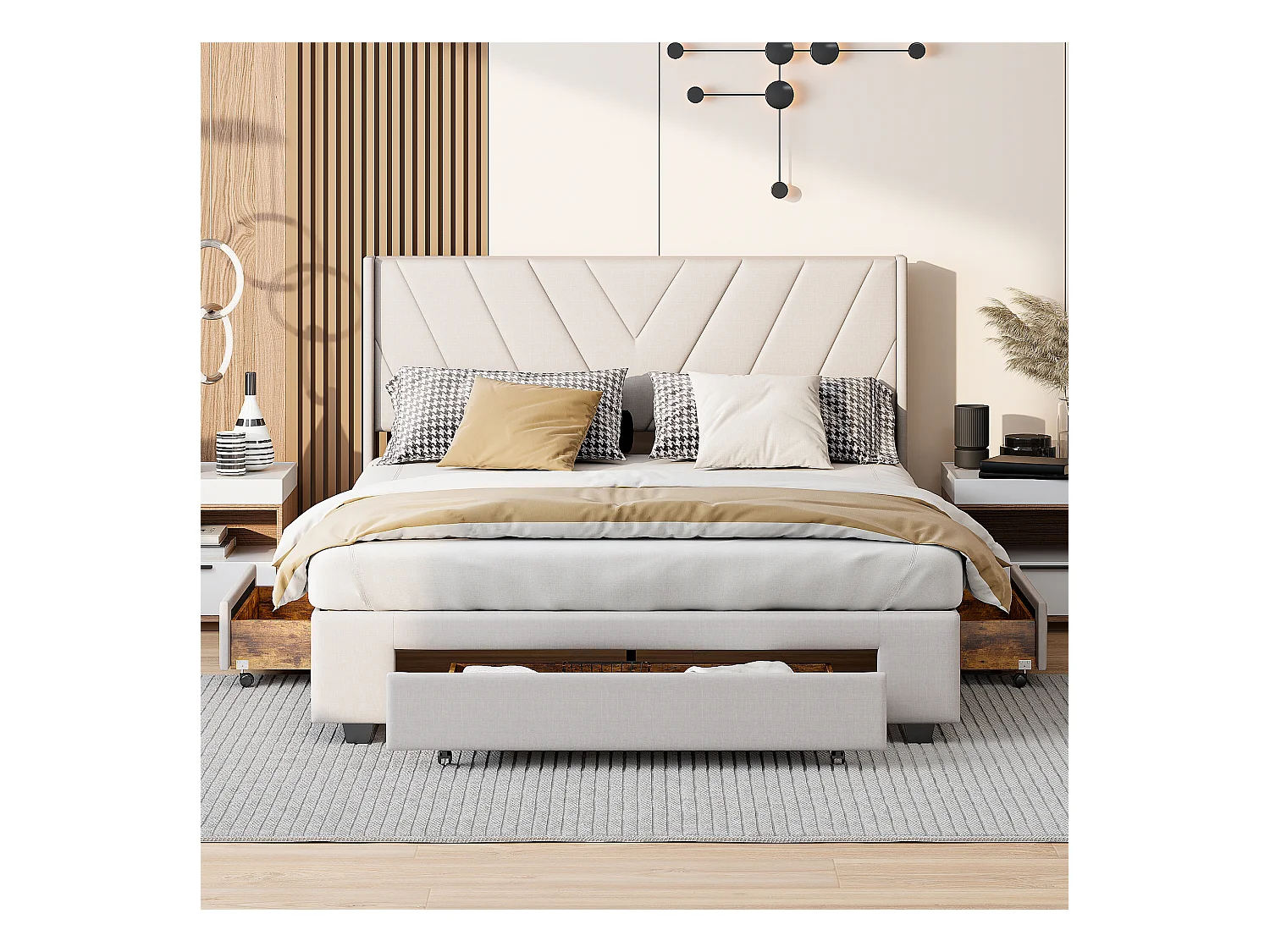 Tweepersoonsbed 140x200 cm, met lattenbodem, tweepersoonsbed met opbergruimte, tweepersoonsbed, beige