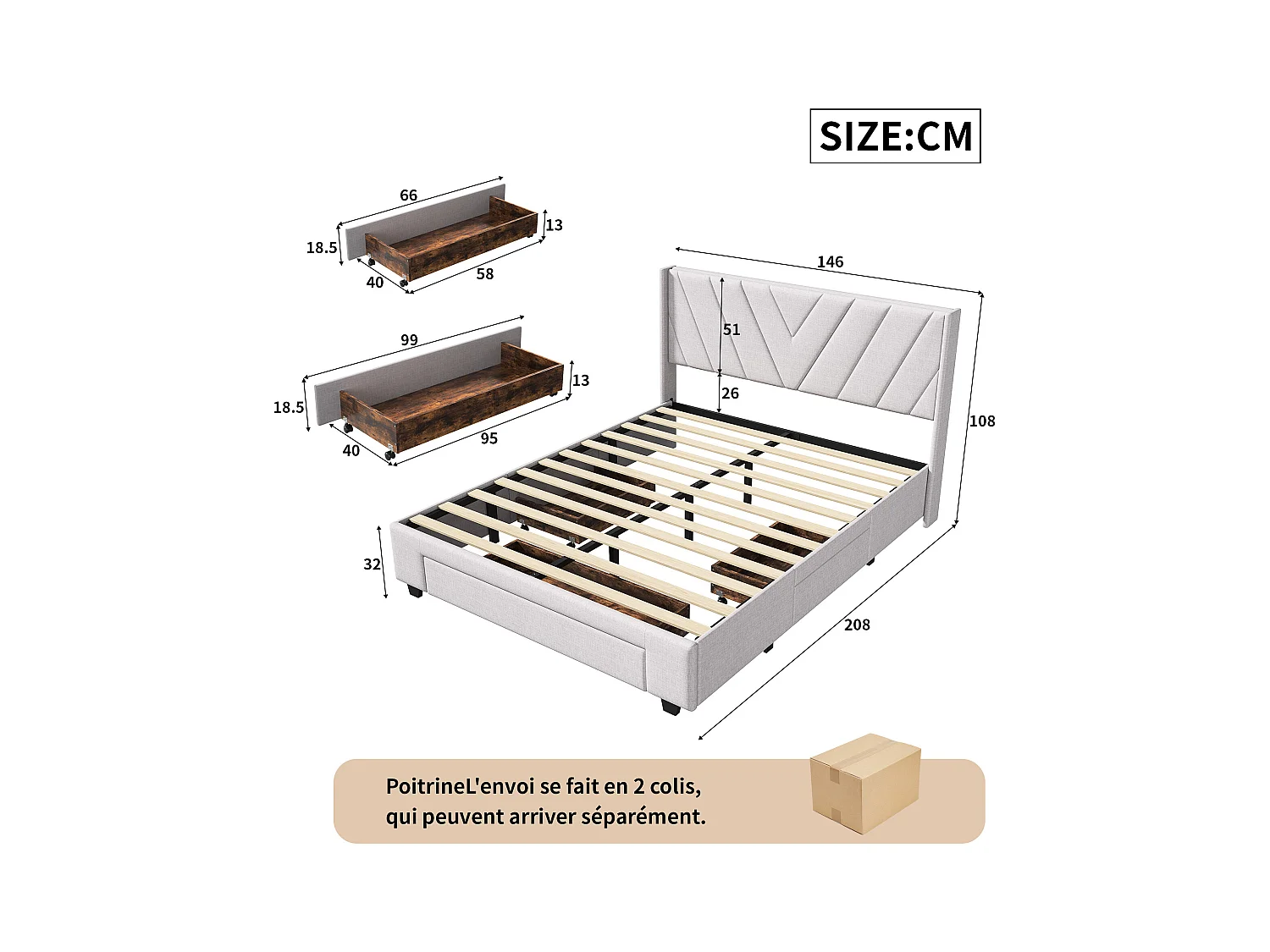 Tweepersoonsbed 140x200 cm, met lattenbodem, tweepersoonsbed met opbergruimte, tweepersoonsbed, beige