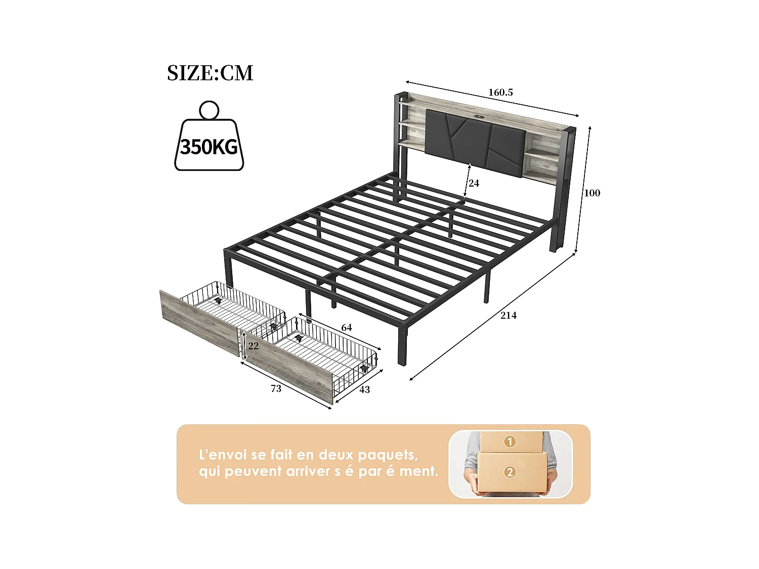 Cama de casal metálica 160 x 200 cm com LED e USB, com arrumação, estrado de ripas, preta