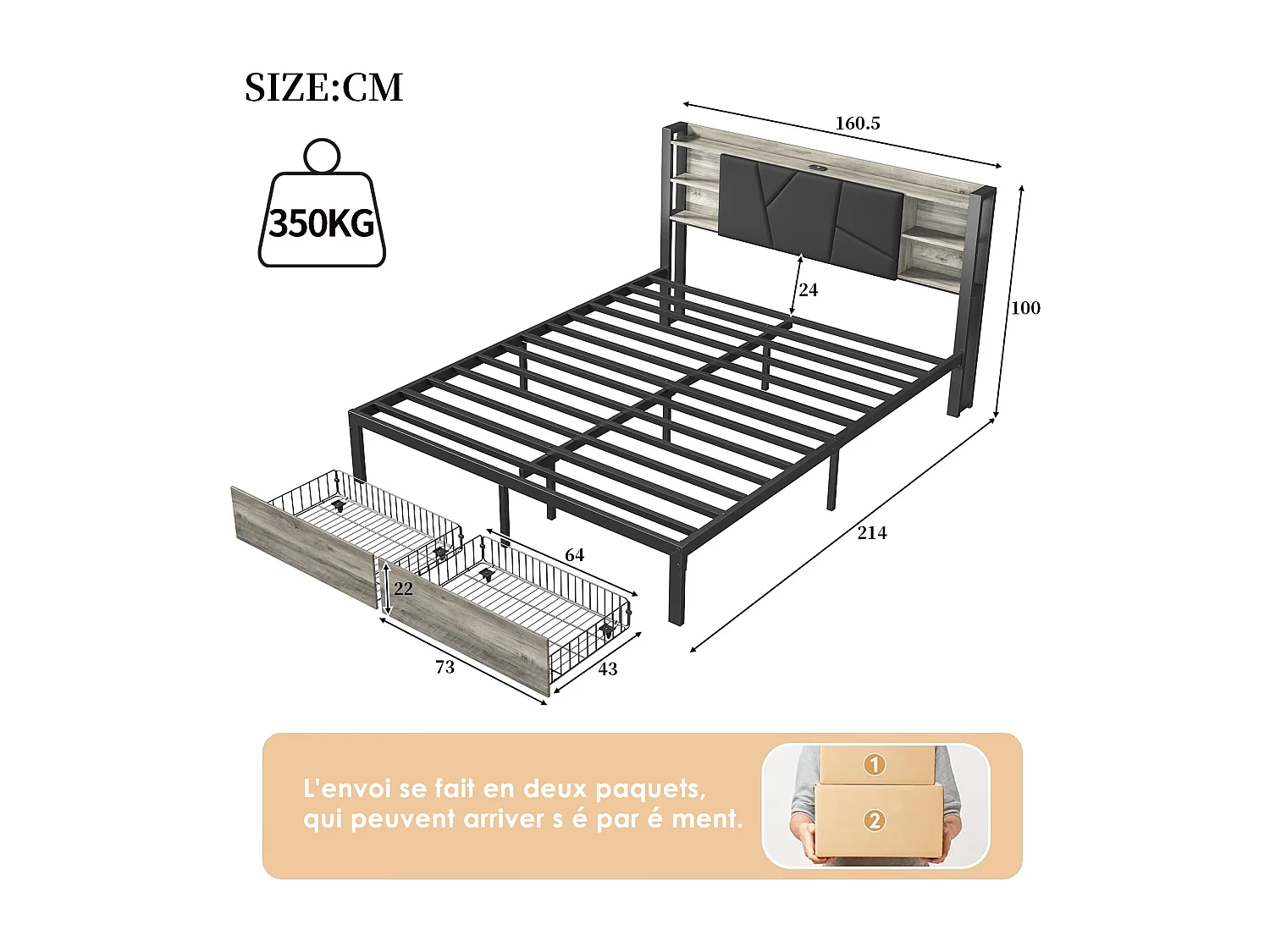 Letto matrimoniale in metallo 160 x 200 cm con LED e USB, con contenitore, rete a doghe, nero