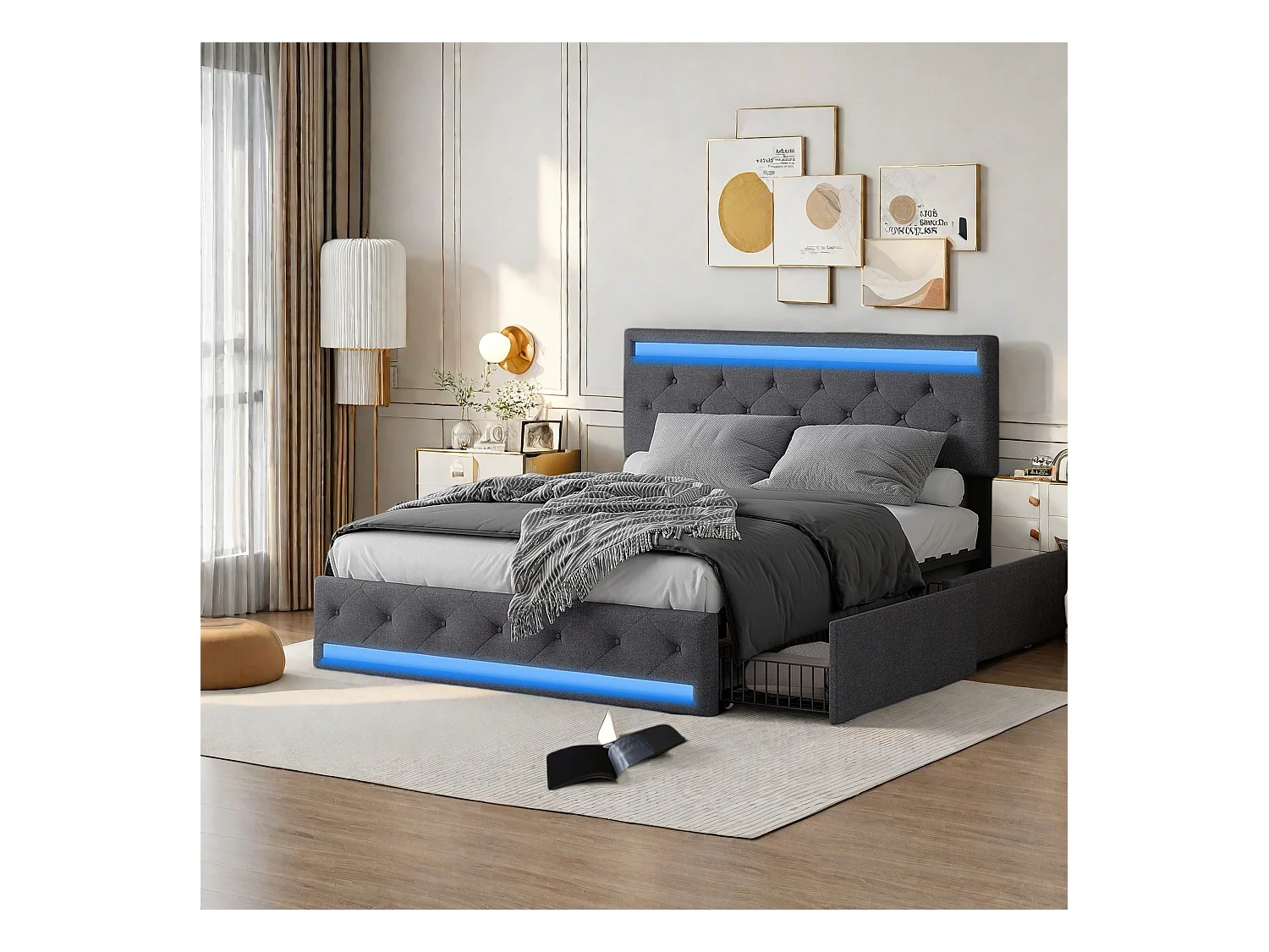 Cama com arrumação 180 x 200 cm, cama de casal com LED e arrumação, veludo, cinzento