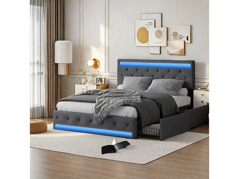 Opbergbed 180 x 200 cm, tweepersoonsbed met LED en opbergruimte, fluweel, grijs