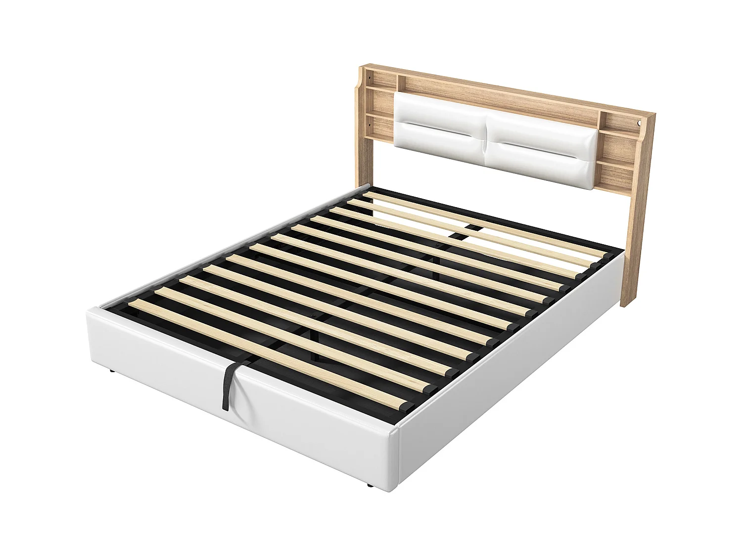 Letto imbottito, 140 x 200 cm, con LED e ricarica USB, letto matrimoniale, spazio contenitore, PU, bianco