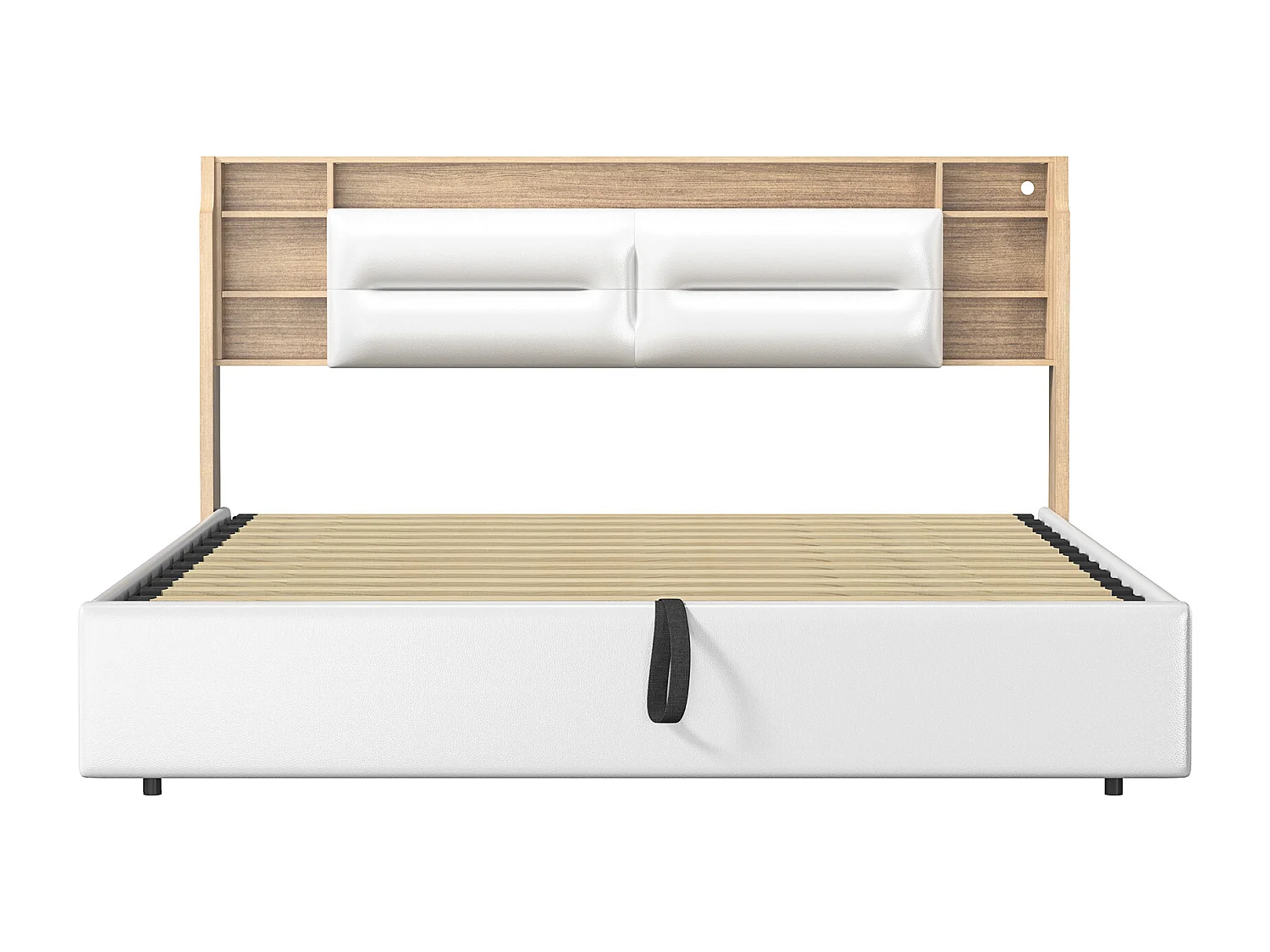 Cama estofada, 140 x 200 cm, com LED e carregamento USB, cama de casal, espaço de armazenamento, PU, branco