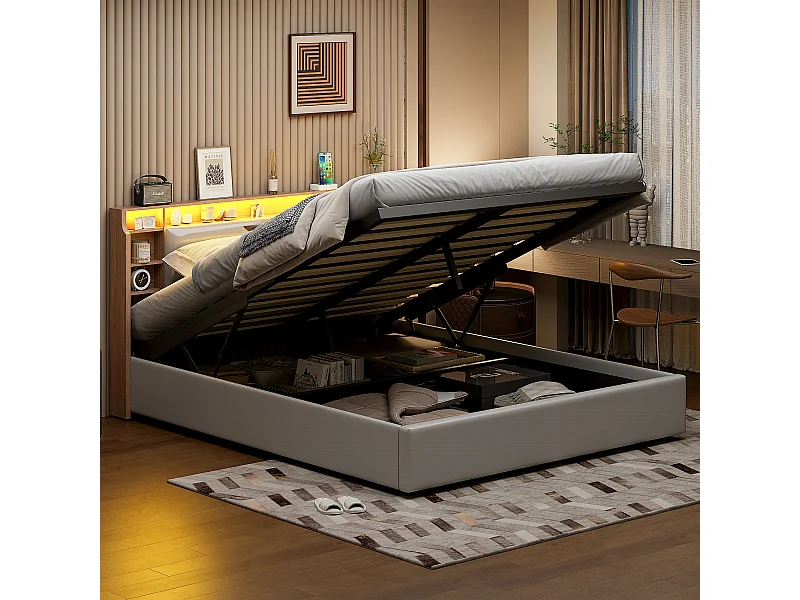 Cama estofada, 140 x 200 cm, com LED e carregamento USB, cama de casal, espaço de armazenamento, PU, branco