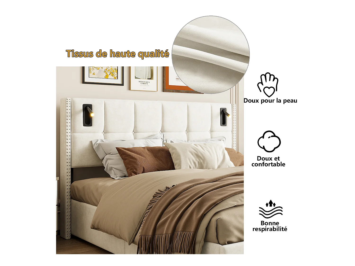 Cama de 140 x 200 cm con almacenaje, tapizada, LED, USB y tipo C, doble, color beige