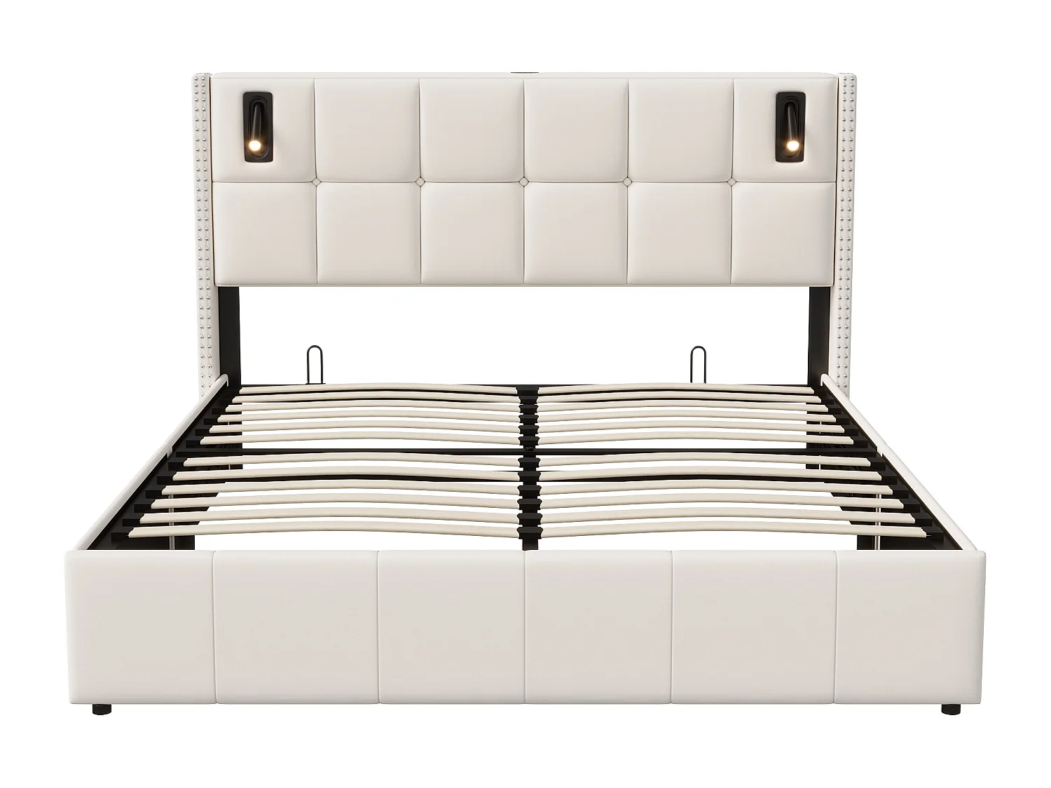 Opbergbed 140x200 met gestoffeerd bed en ledverlichting, tweepersoonsbed, beige