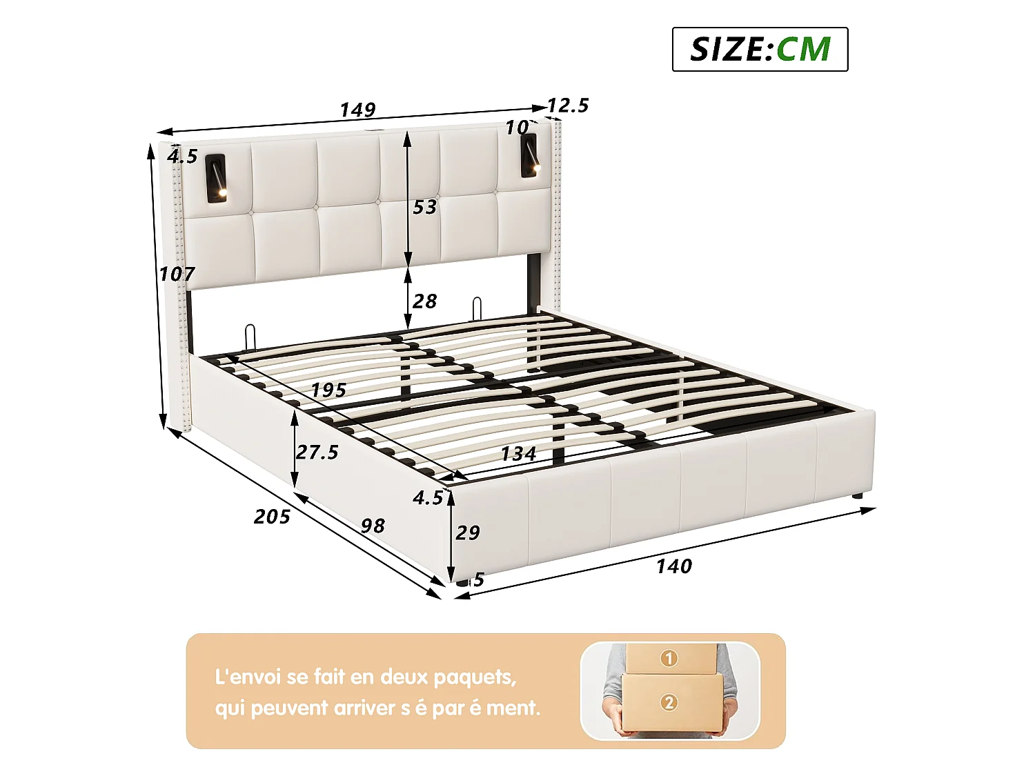 Lit Coffre 140x200 avec Rangement, Lit Capitonné LED, Lit Double, Beige