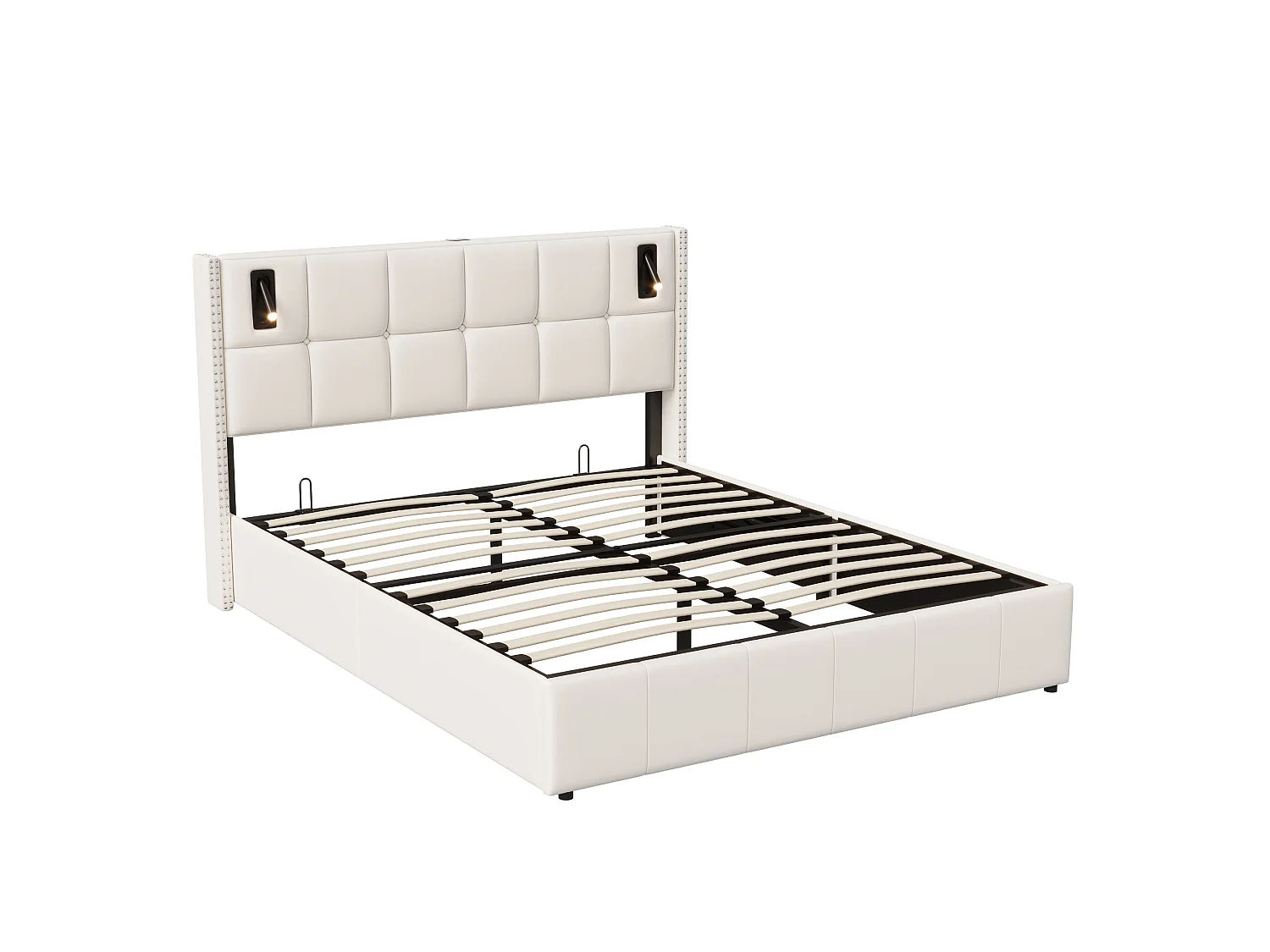Lit Coffre 140x200 avec Rangement, Lit Capitonné LED, Lit Double, Beige