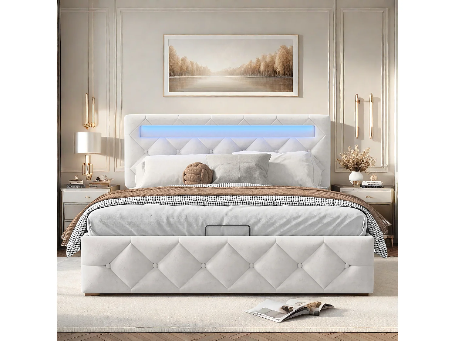 Cama doble 160x200cm con LED y USB, con somier, con almacenaje y cabecero, color blanco