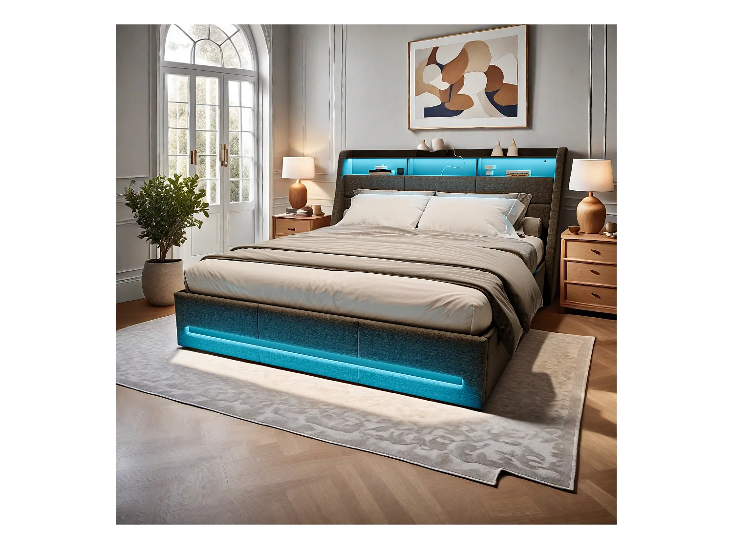 Cama de 160x200 con somier de láminas LED y carga USB, Cama doble tapizada con 4 cajones, Lino, Gris
