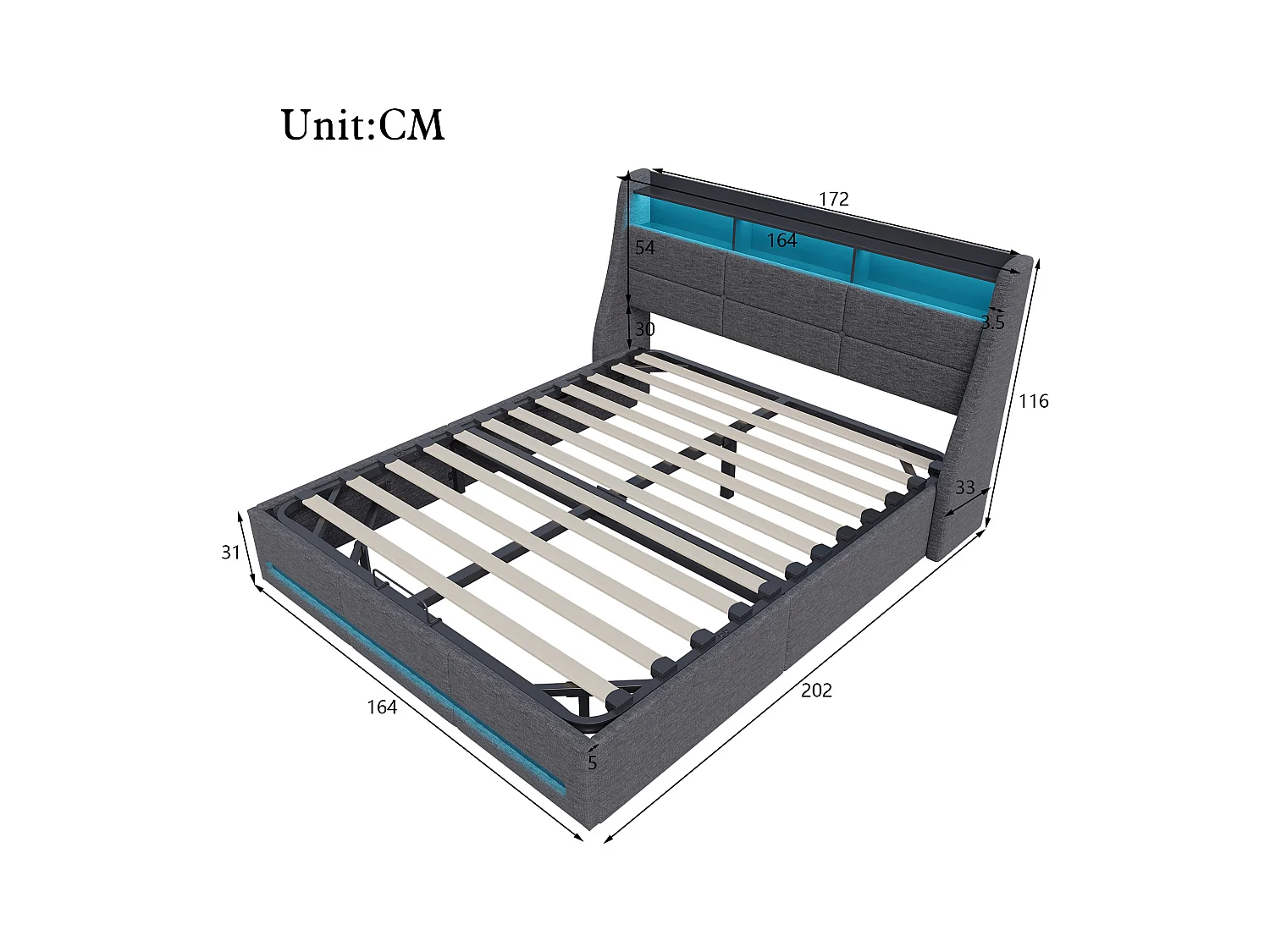 Cama de 160x200 con somier de láminas LED y carga USB, Cama doble tapizada con 4 cajones, Lino, Gris