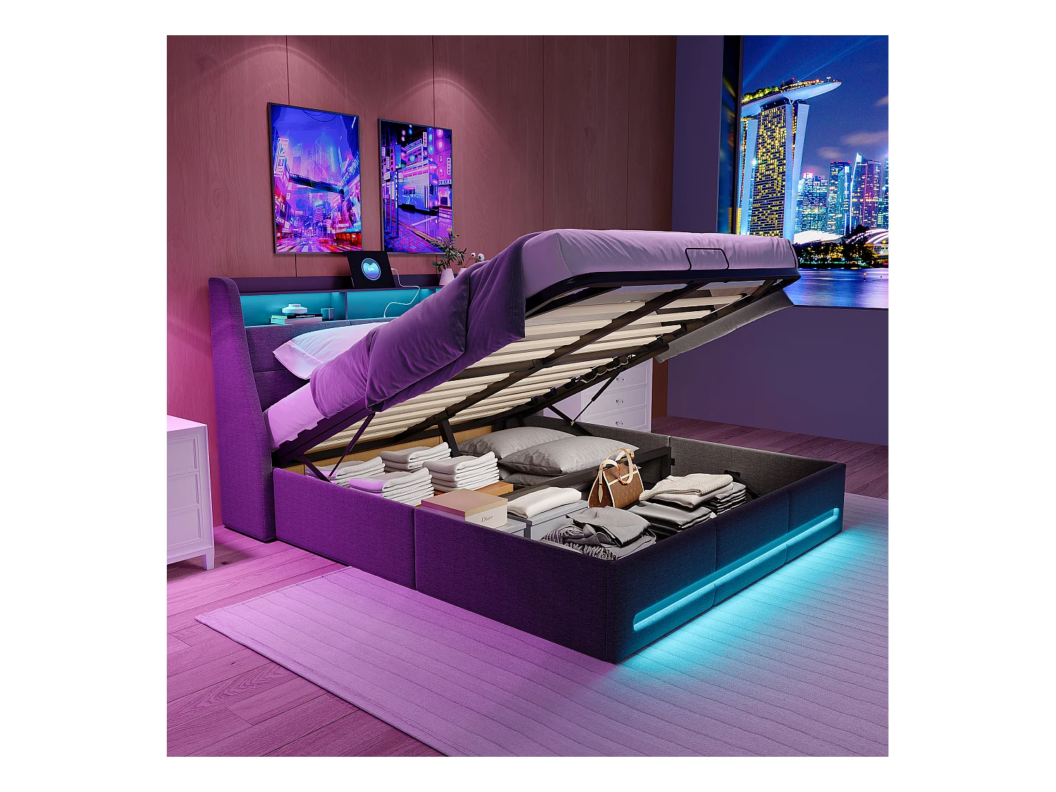 Cama de 160x200 con somier de láminas LED y carga USB, Cama doble tapizada con 4 cajones, Lino, Gris