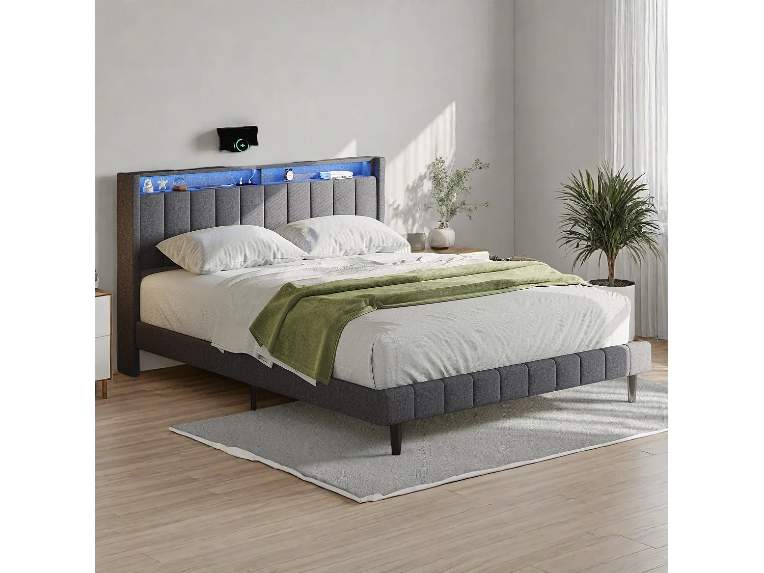 Lit Double 140x200, avec Rangement Lits Rembourré en Lin avec USB et Type-C, LED, Gris