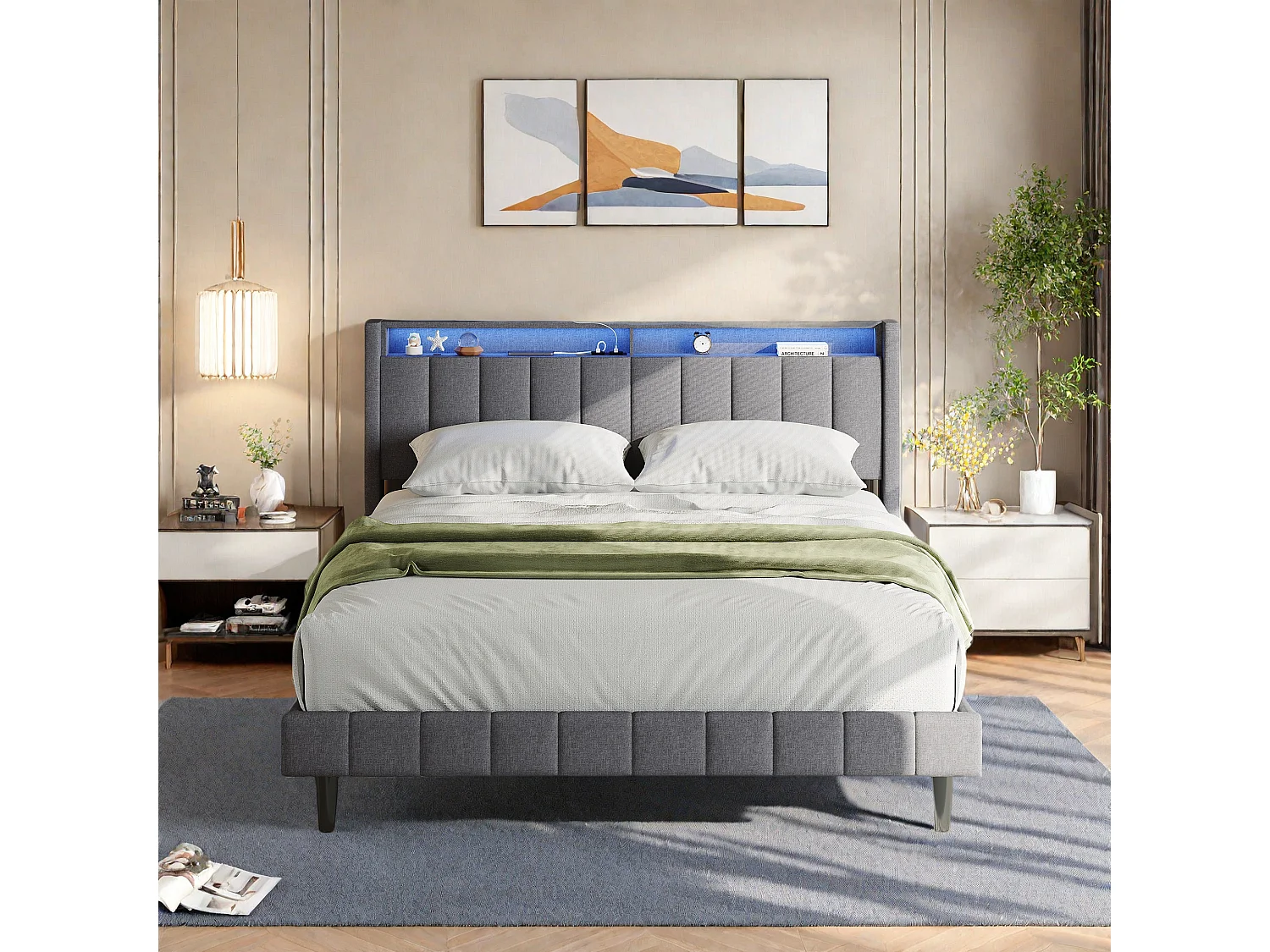 Lit Double 140x200, avec Rangement Lits Rembourré en Lin avec USB et Type-C, LED, Gris