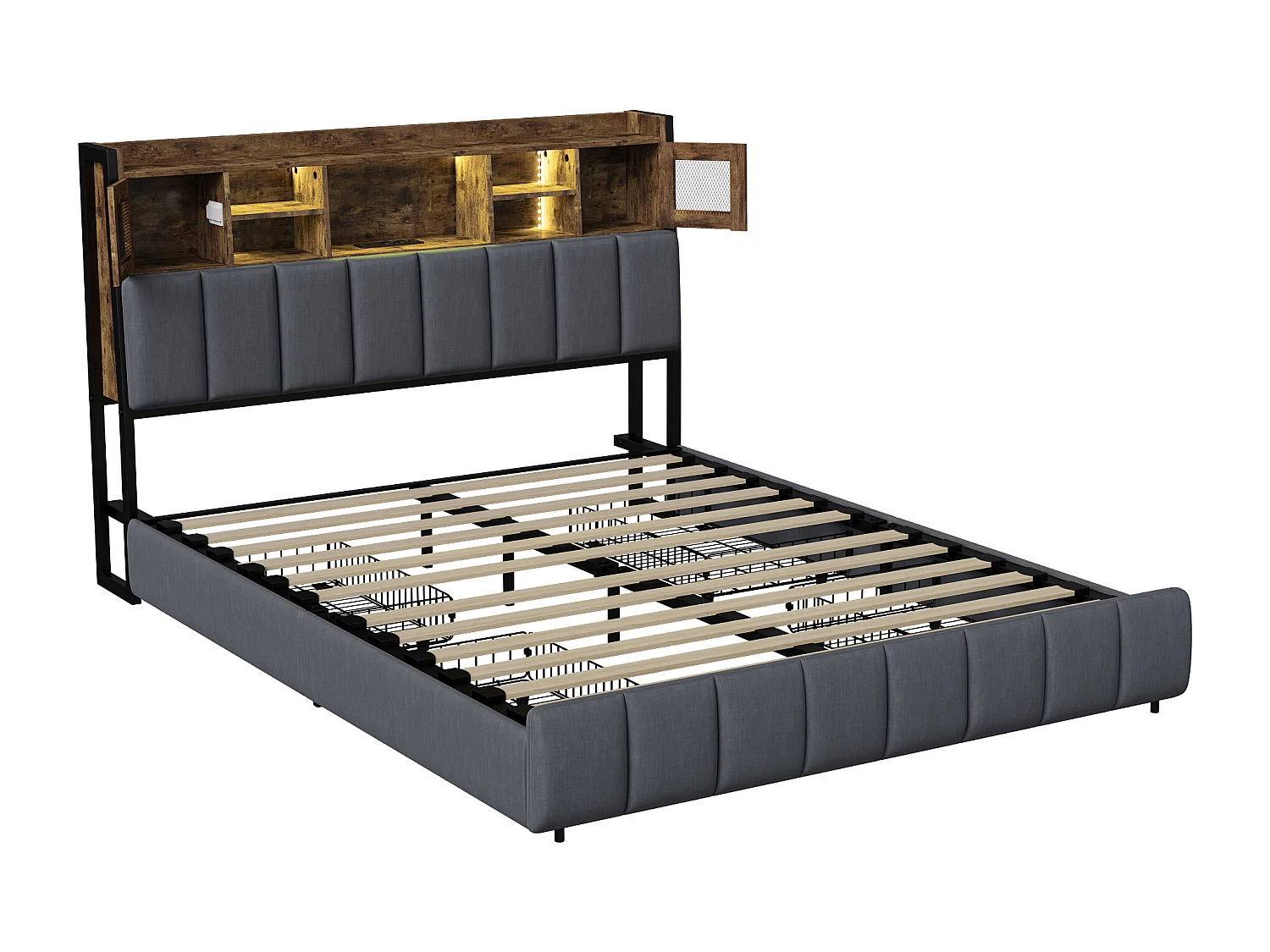 Letto imbottito 140 x 200 cm, testiera LED con vano contenitore e USB, letto matrimoniale, nero