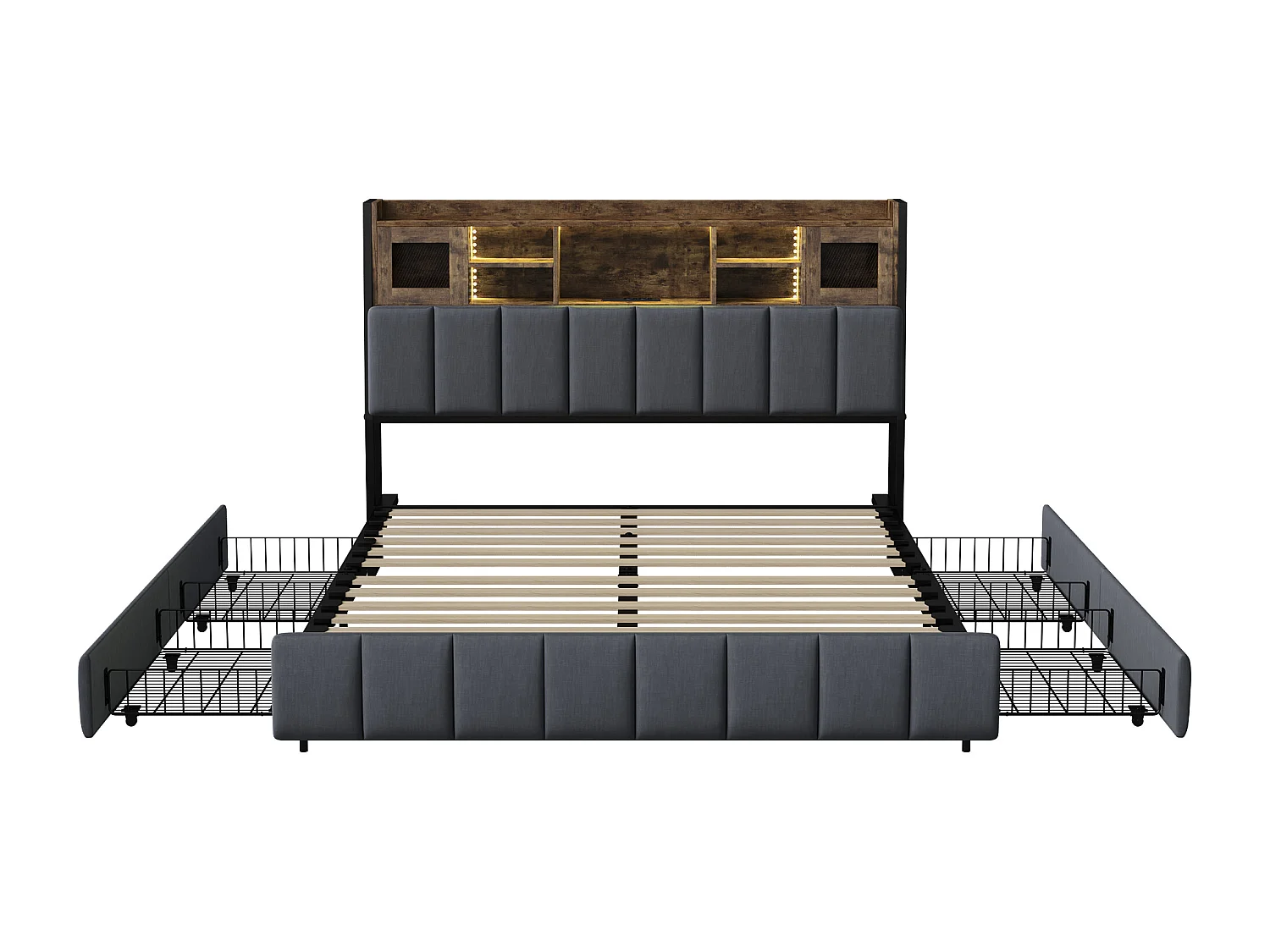 Cama tapizada 140x200 cm, cabecero LED con compartimento de almacenaje y USB, cama doble, color negro