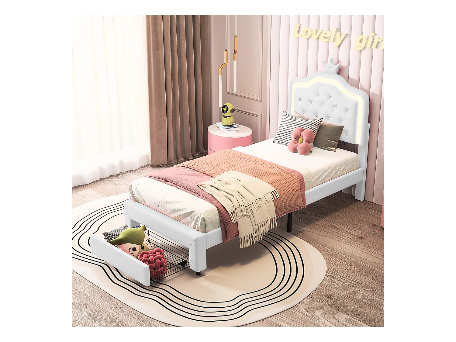 Cama estofada 90 x 200 cm, com gavetas, LED, com estrado e encosto de ripas, branca