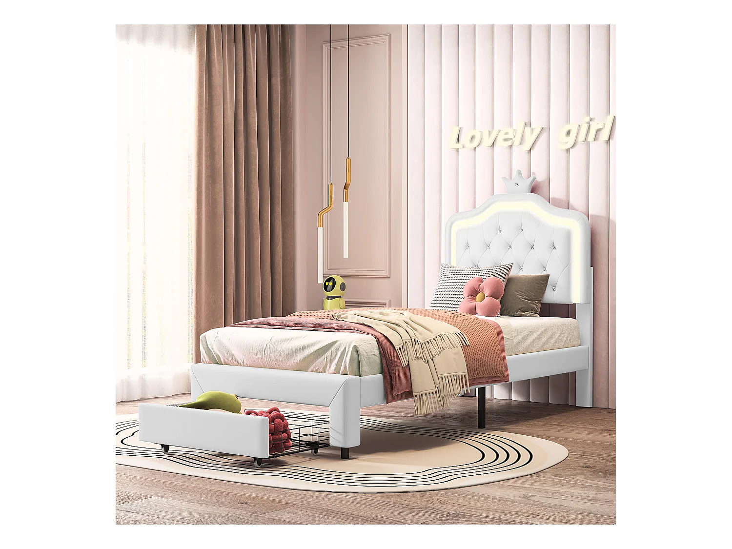 Cama estofada 90 x 200 cm, com gavetas, LED, com estrado e encosto de ripas, branca