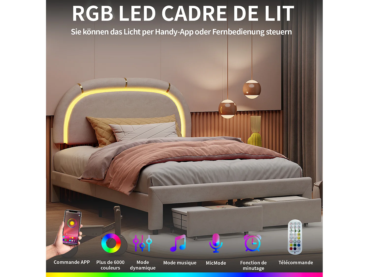 Cama doble tapizada 140x200 cm, espacio de almacenaje, con LED, con somier de láminas, beige