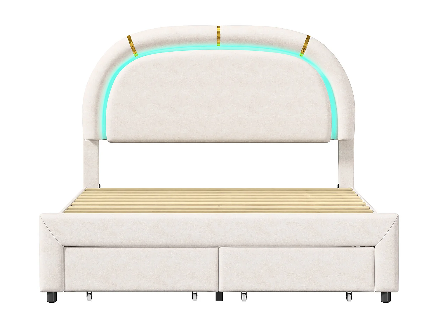 Cama doble tapizada 140x200 cm, espacio de almacenaje, con LED, con somier de láminas, beige