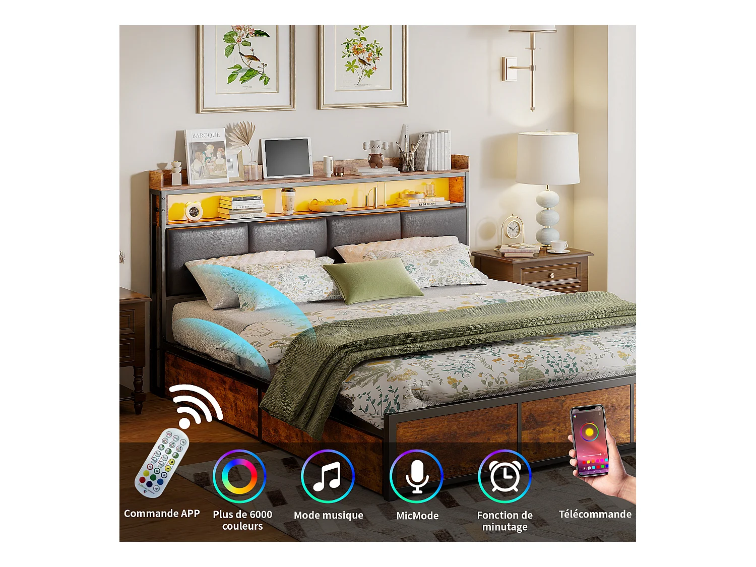 Cama 160x200 com base e LED, cabeceira em PU preto, estrutura metálica e arrumação prática