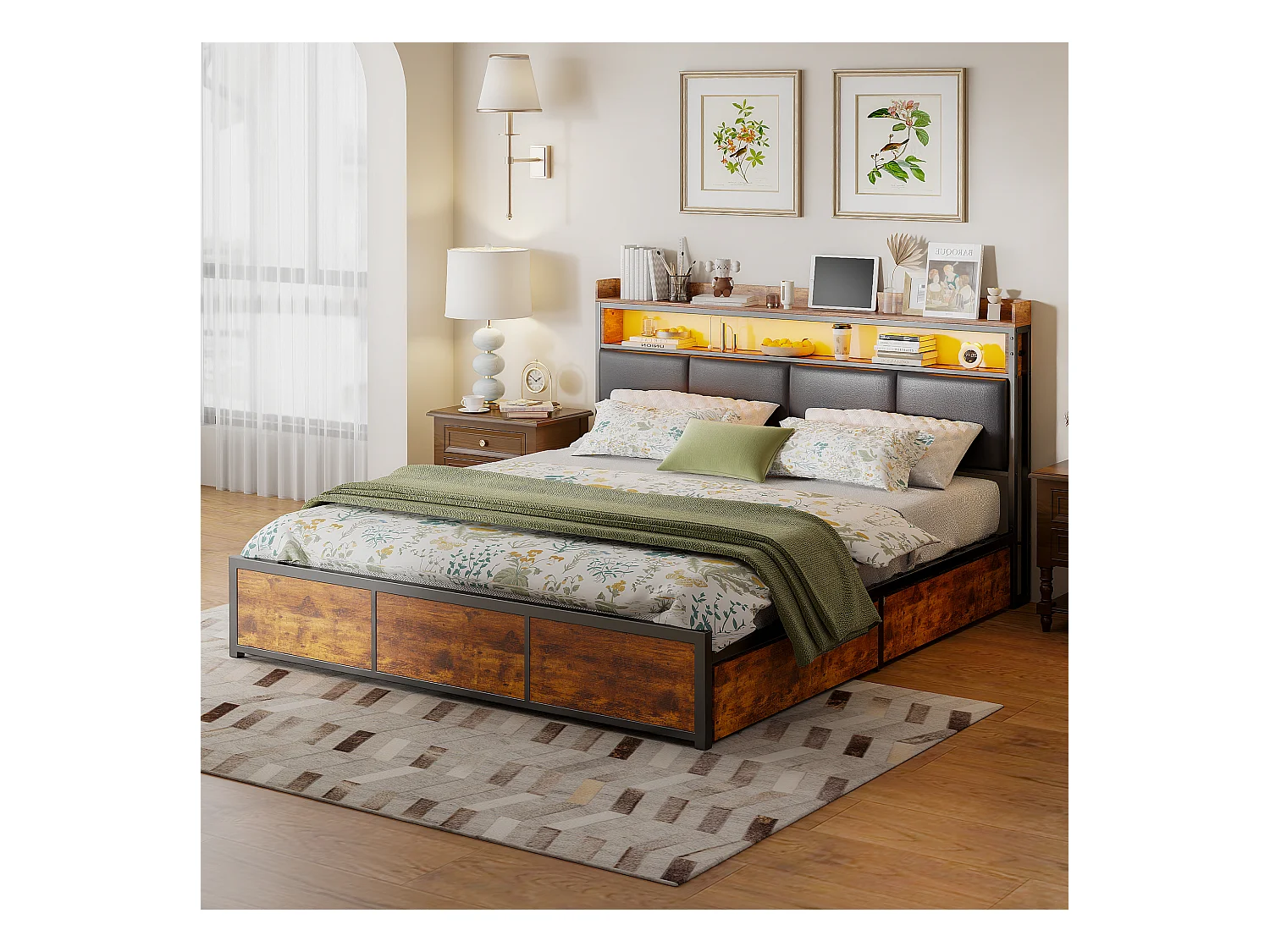 Cama de 160x200 con base y LED, cabecero de PU negro, estructura de metal y práctico almacenaje