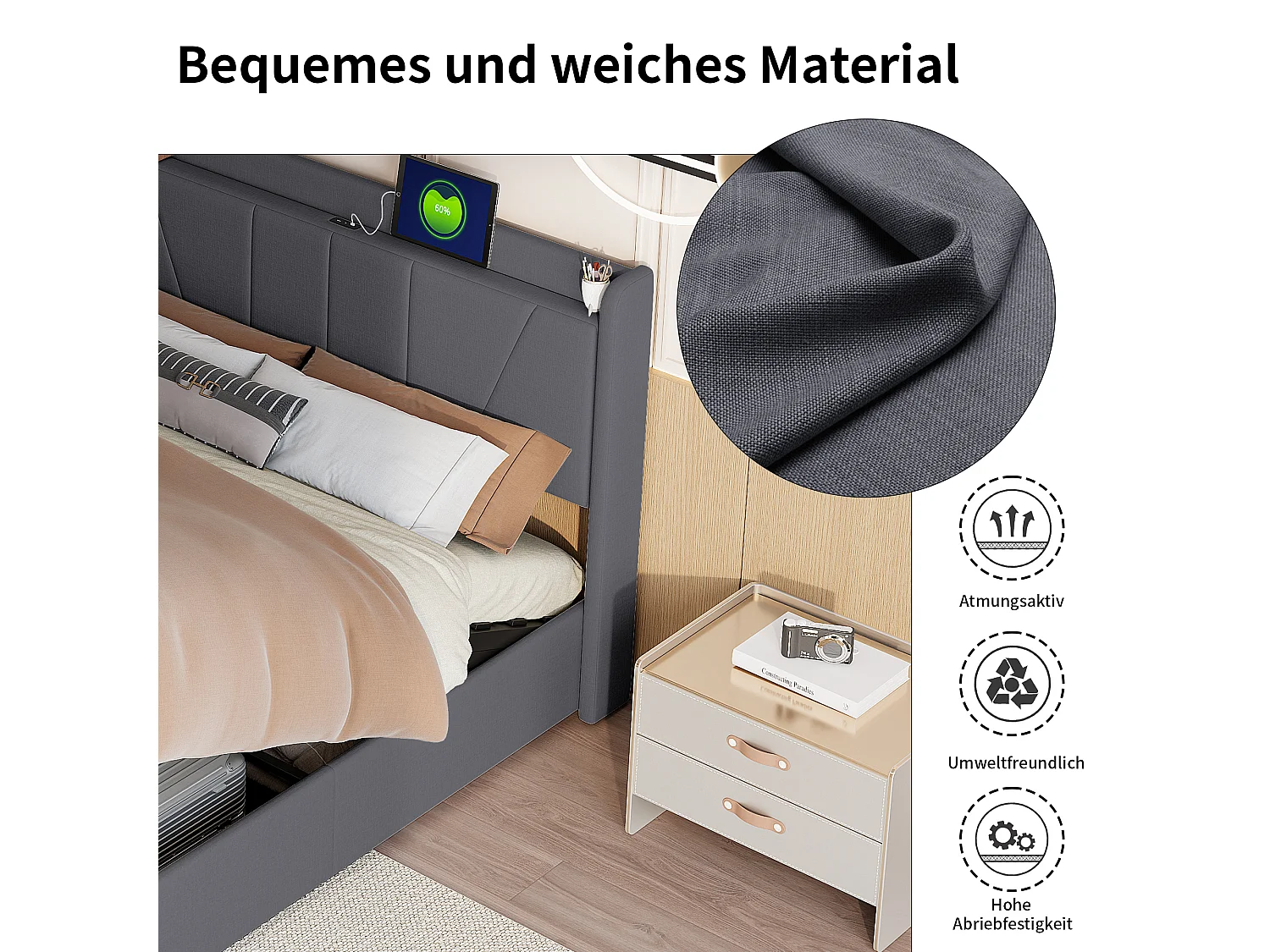 Cama con almacenaje de 140 x 200 cm con base, LED y USB - Espacio de almacenaje, gris