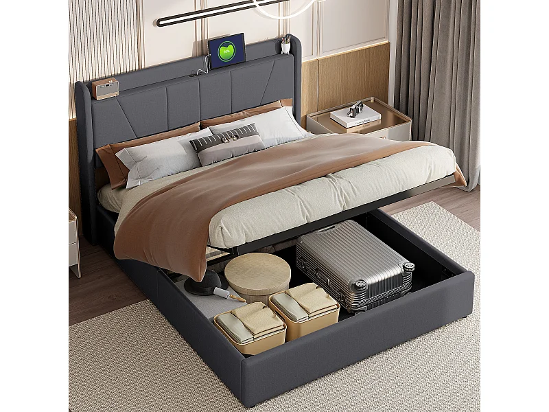 Opbergbed 140 x 200 cm met bodem, LED, USB - Opbergruimte, Grijs